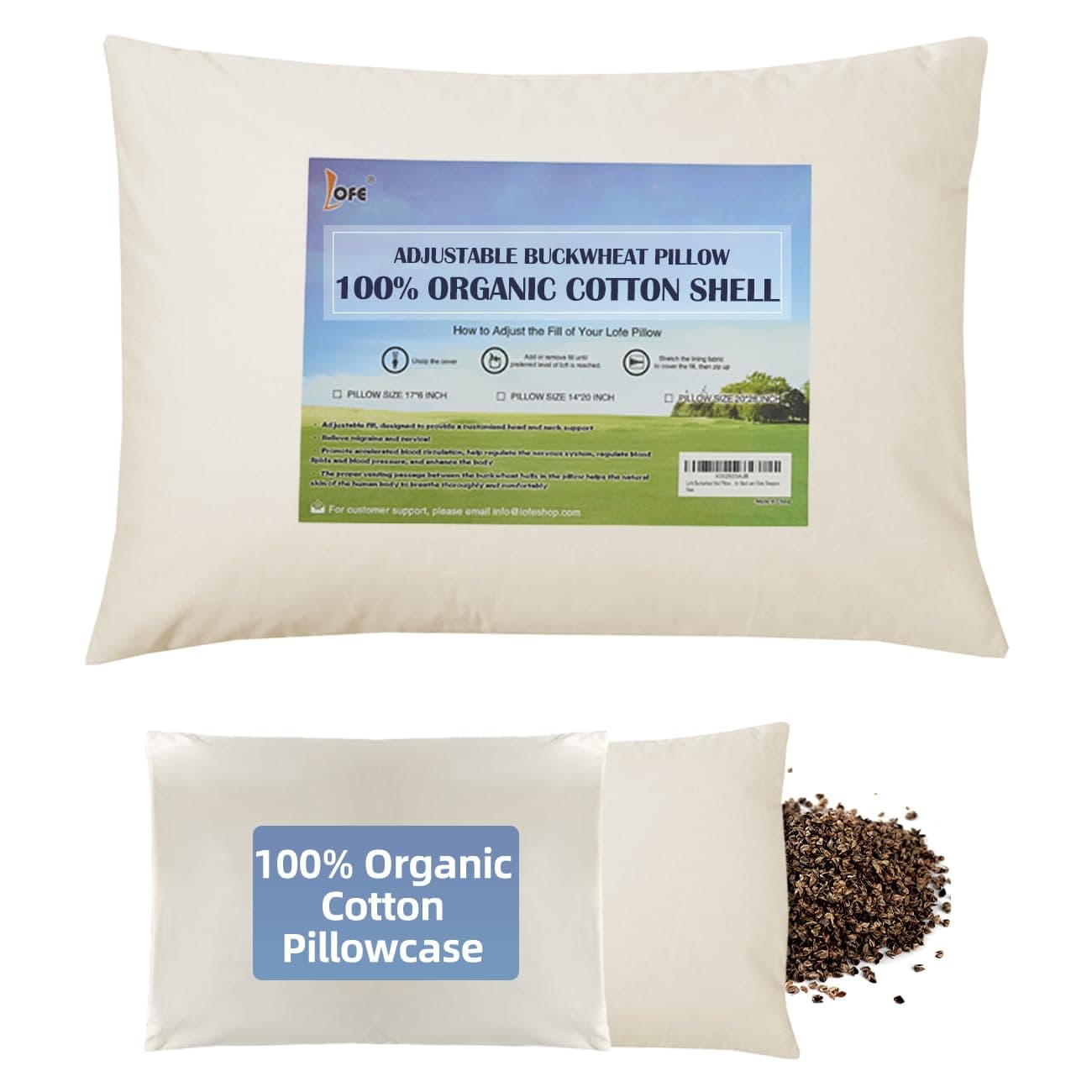 LOFE Organic Buckwheat Pillow for Sleeping with Organic Cotton Pillowcase - 14''x20'' Adjustable Pillow, Breathable for Cool Sleep, Cervical Support for Back and Side Sleepers(Tartary Buckwheat Hulls)