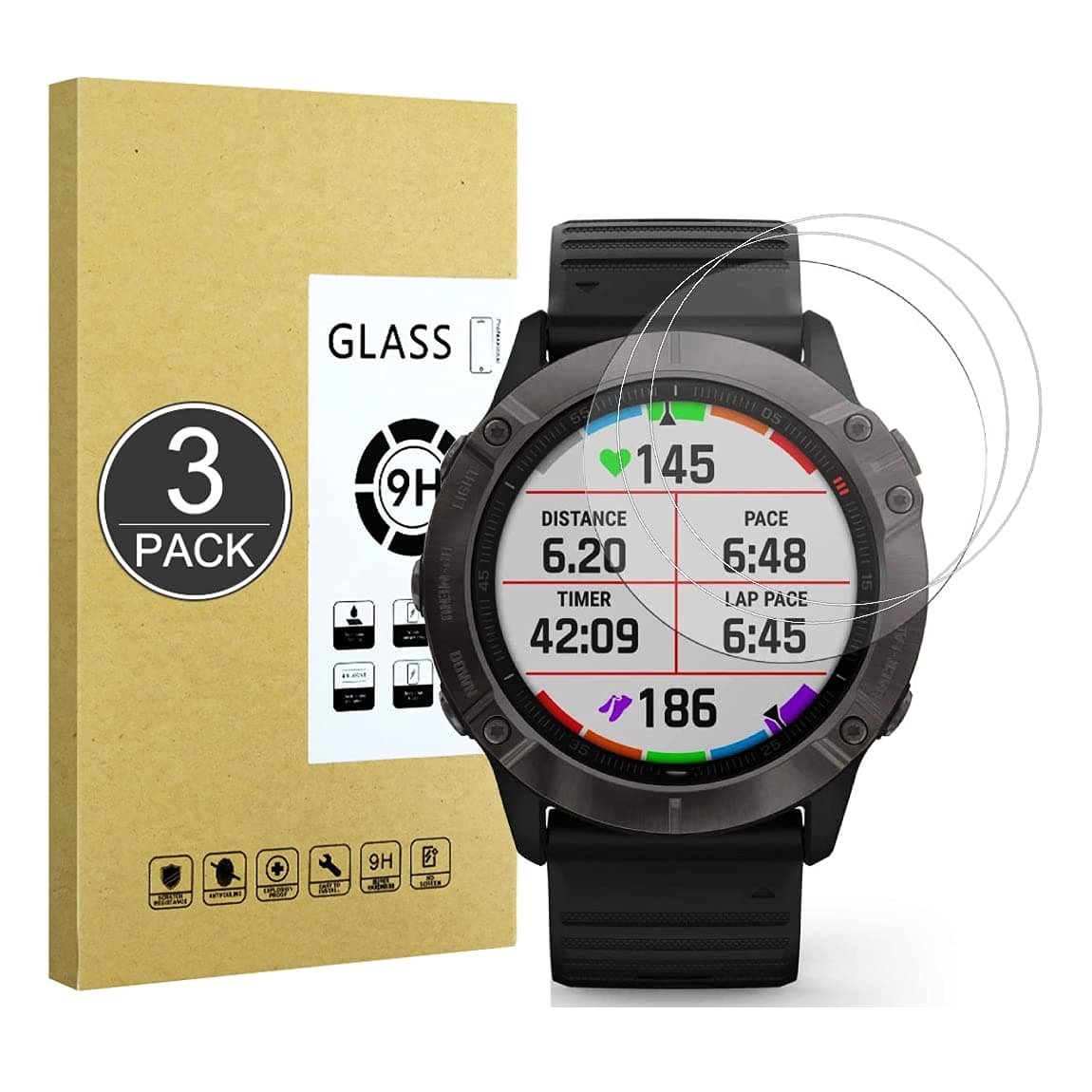 E-Hamii [3 Pack 9H Tempered Shatterproof Glass Compatible with Garmin Fenix 6X Pro,[HD Crystal Clear] 0.33mm Screen Protector for Garmin Fenix 6X Pro