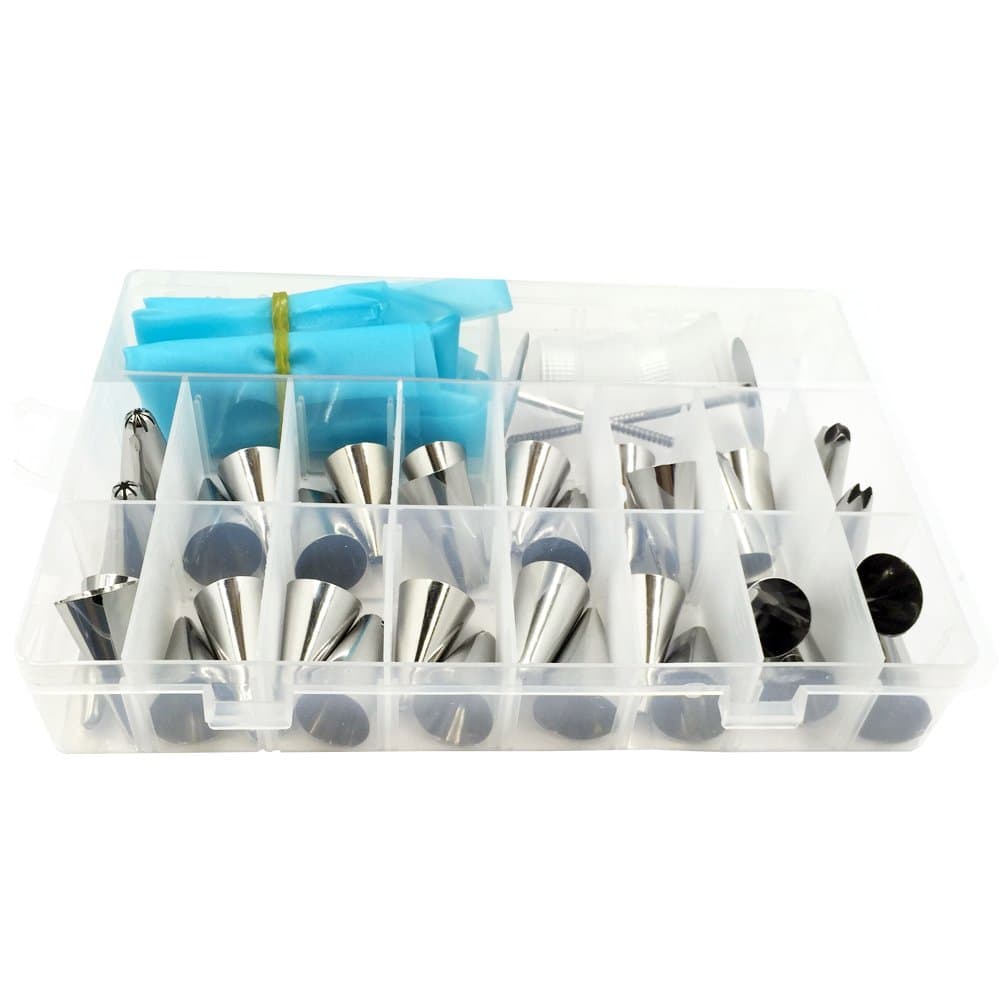 FF Elaine Plastic Storage Case Cake Decorating Tools Kit Supplies 38 Piece Set: 32 Stainless Steel Tips 2 Silicone Piping Bags 2 Flower Nail, 2 Couplers for Making Cakes Biscuit Chocolate Pie