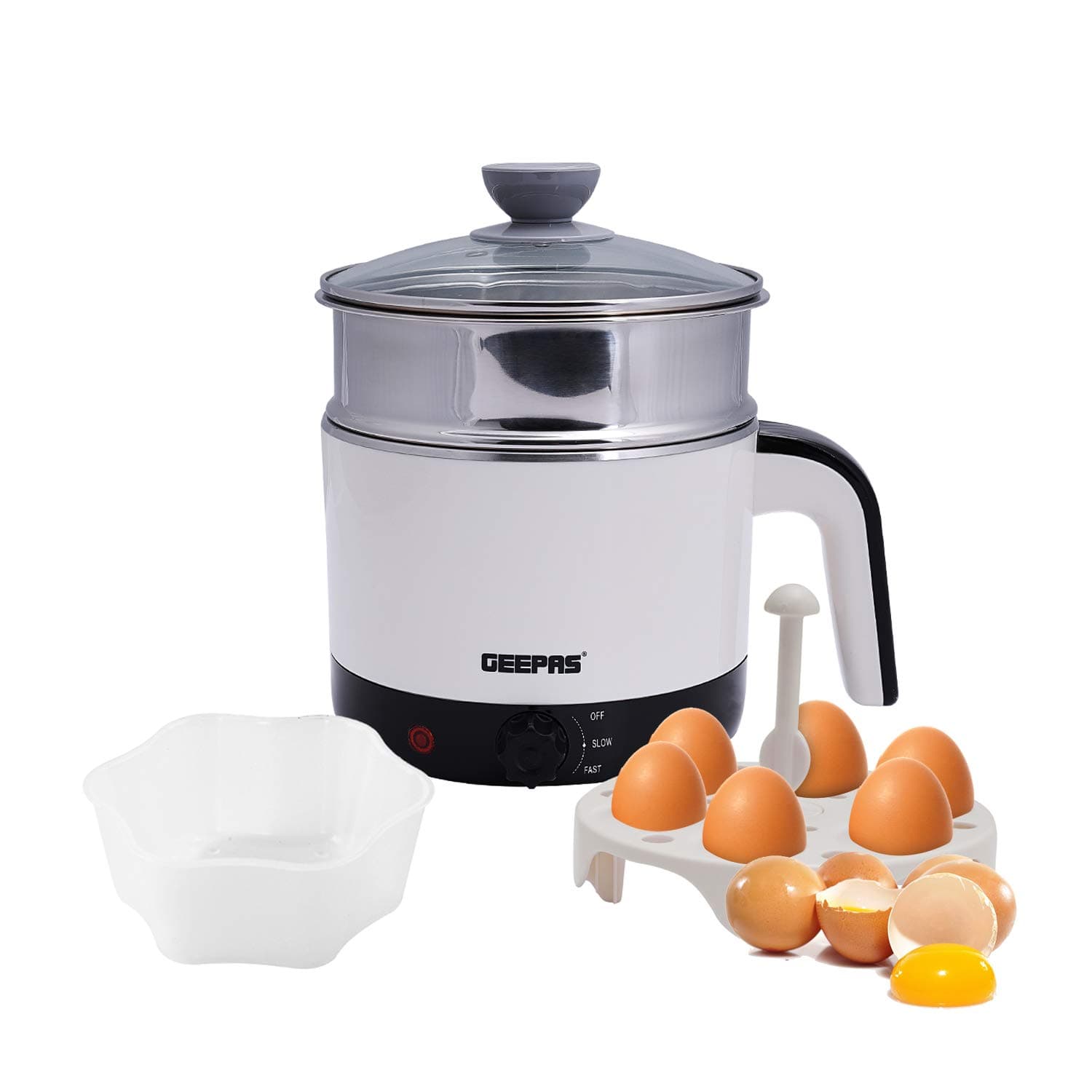 Geepas 1000W Multifunctional 1.7 L Double Layer Kettle - 3-in-1 Cordless Kettle, Steamer and Egg Boiler - Boil Dry Protection, 2 Speed Heating - Ideal for Steaming Vegetables Boiling Eggs