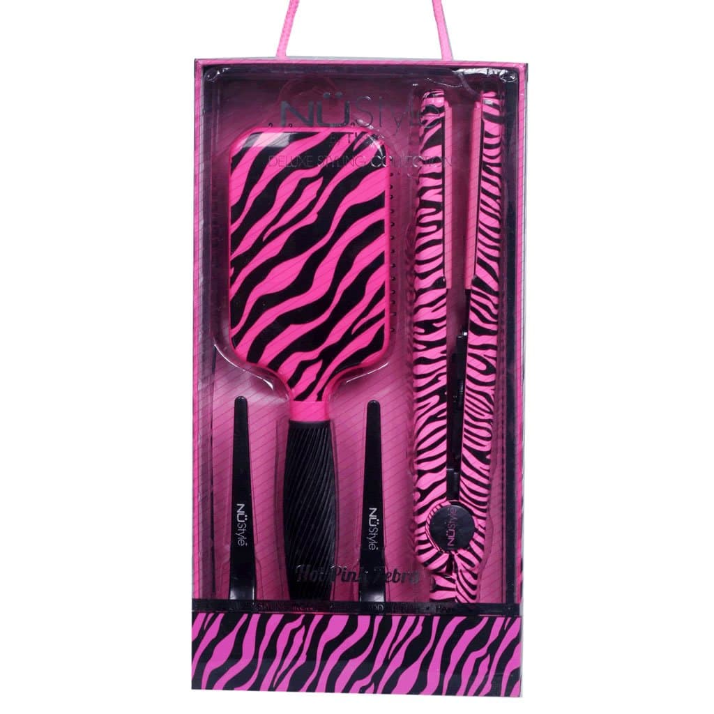 Hot Pink Zebra FlatIron Paddle Brush Combo