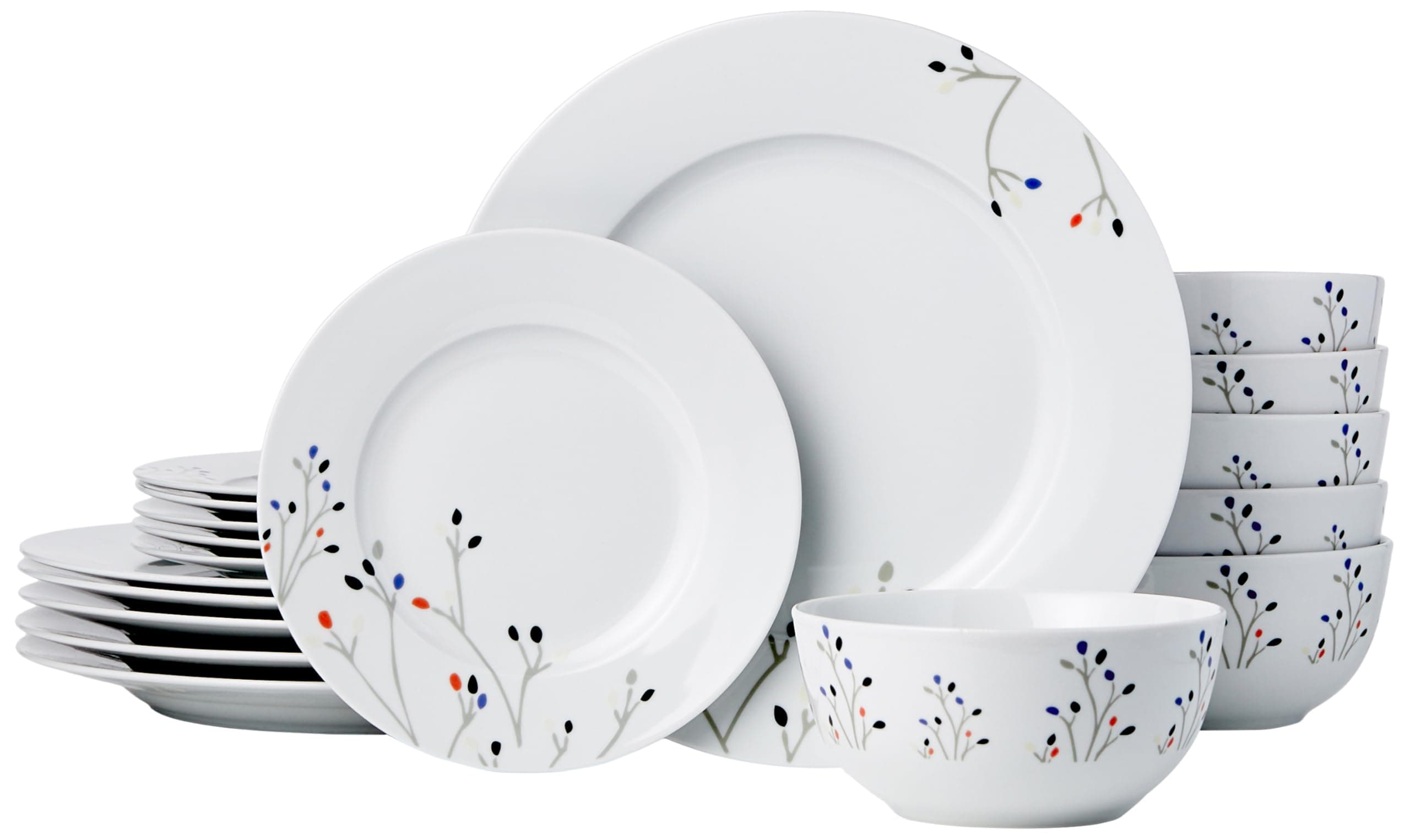 Amazon Basics Dinnerware Set, Microwave and Dishwasher Safe, Service for 6, 18-Piece Complete Kitchen, Plates, Dishes, Bowls, Branches