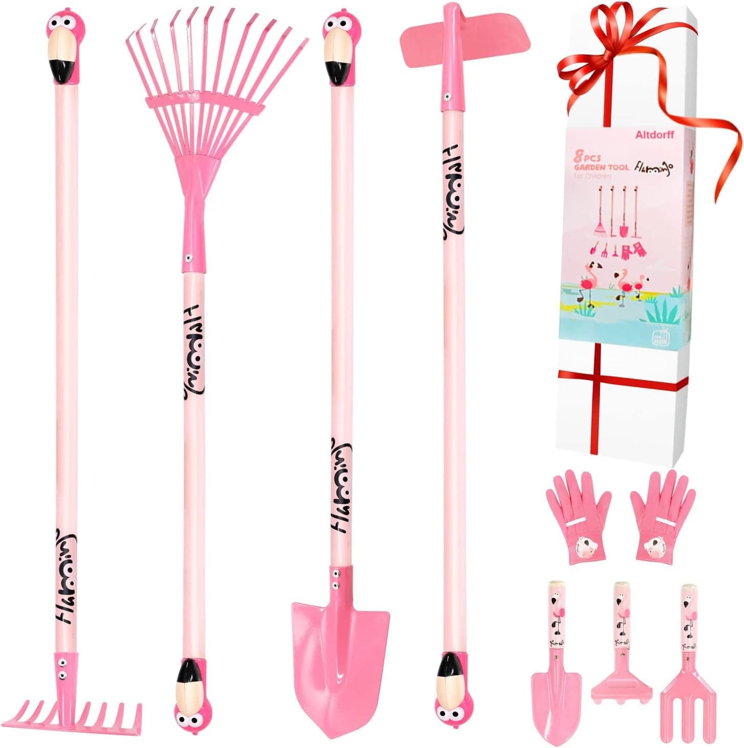 Altdorff 4PCS Kids Garden Tools Set with Flamingo Pattern Include Rake, Shovel, Hoe, Leaf Rake, Gardening Gifts for Children