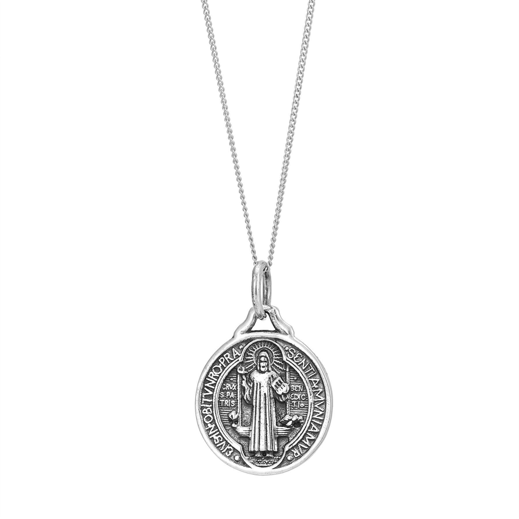 St Benedict 925 Sterling Silver Cross Necklace 18" - Solid Silver Saint Medal Coin Pendant - Religious Necklaces for Women or Men - Holy Communion Gifts for Girls