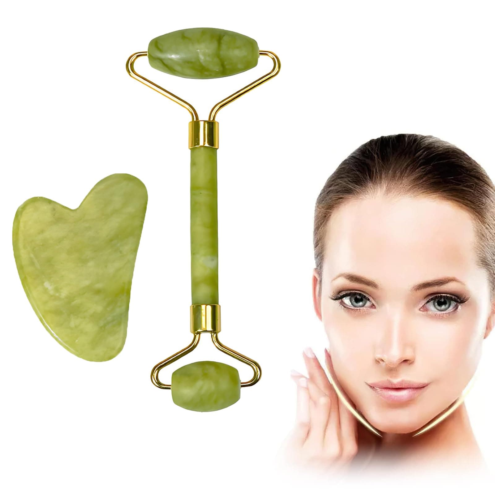 bituocs Gua Sha and Jade Roller Set, Gua Sha Stone, Skin Care Tools, Gua Sha Soothes, Self Care Gift, Body Muscle Relaxing, Improve Eye Puffiness, Green