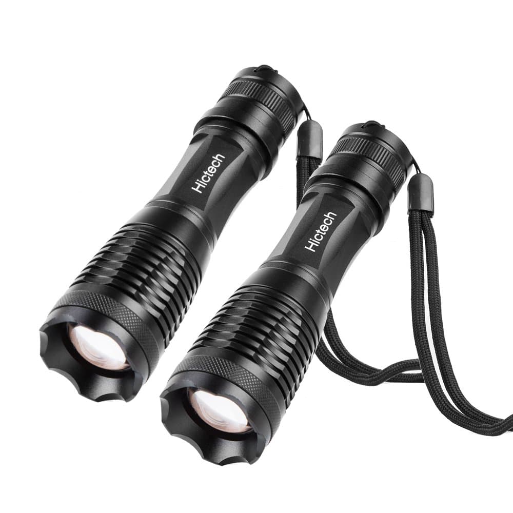 LED Flashlight, Hictech 1600 Lumens A100 Handheld Tactical Flashlight Torch with 5 Modes Super Bright Zoomable Waterproof Foucs Adjustable for Hunting, Cycling, Climbing, Camping (2PC-E6S)