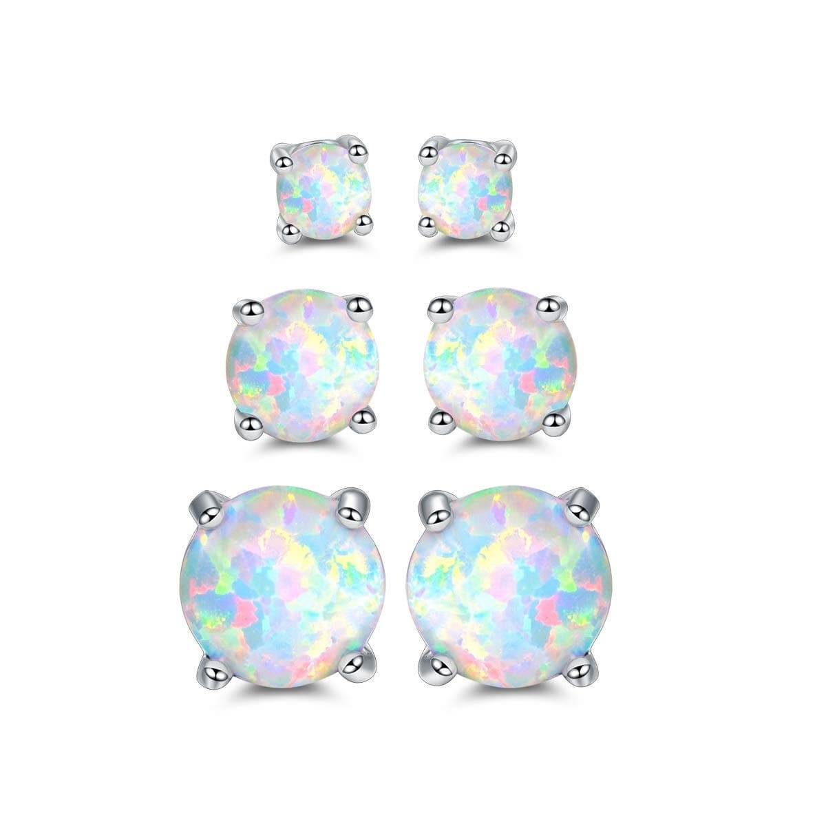 18K White Gold Plated Created Opal Stud Earrings 3 Pack Set