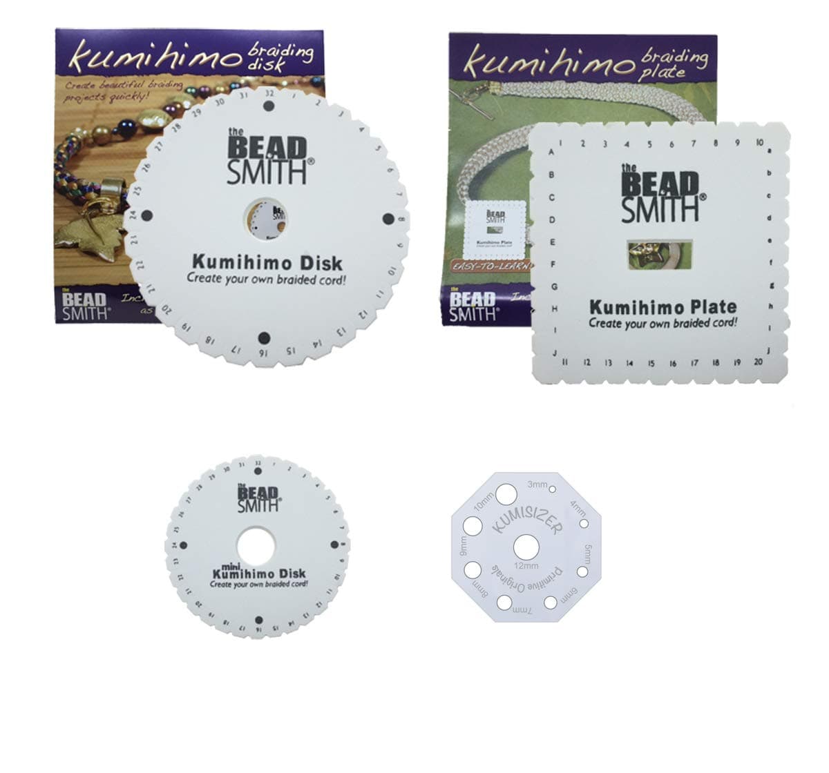 Queenmew Kumihimo Kit Three Different Looms (Round Disk, Square Plate, Mini)