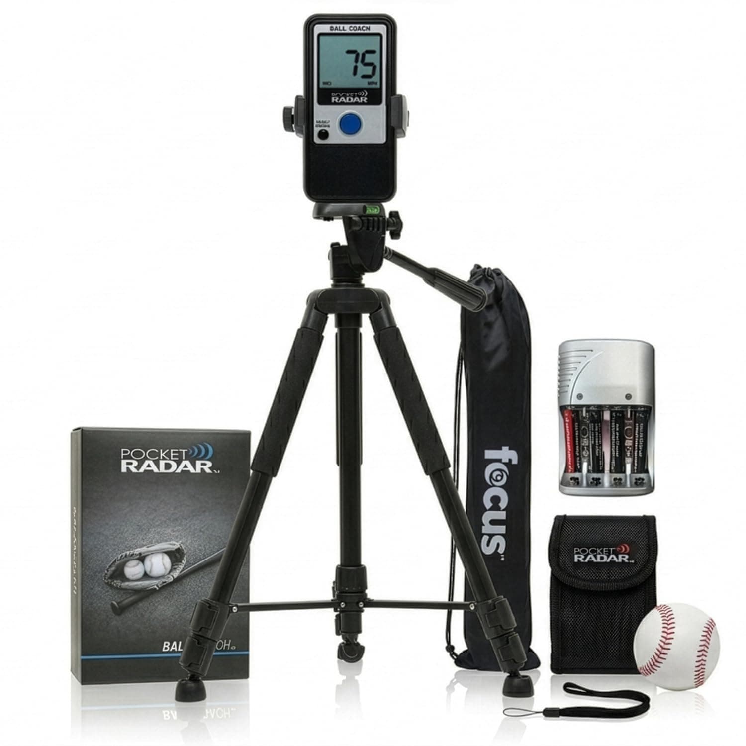 Ball Coach/Pro-Level Speed Training Tool and Radar Gun Bundle with 360-Degree Rotating Tripod Mount and Tripod Stand with Carrying Bag and Rechargeable Batteries (3 Items)