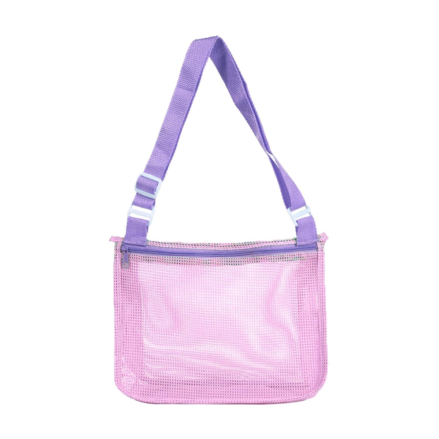 Mesh Beach Bag,Mesh Beach Bag, Shell Net Tote Folding Seaside Collection Sandbag,Swimming Pool Beach Accessories(Pink Purple Band)