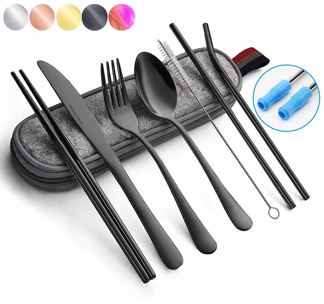 Black Travel flatware set with Case Stainless Steel silverware Tableware Set,Include Knife/Fork/Spoon/Straw (Portable black)