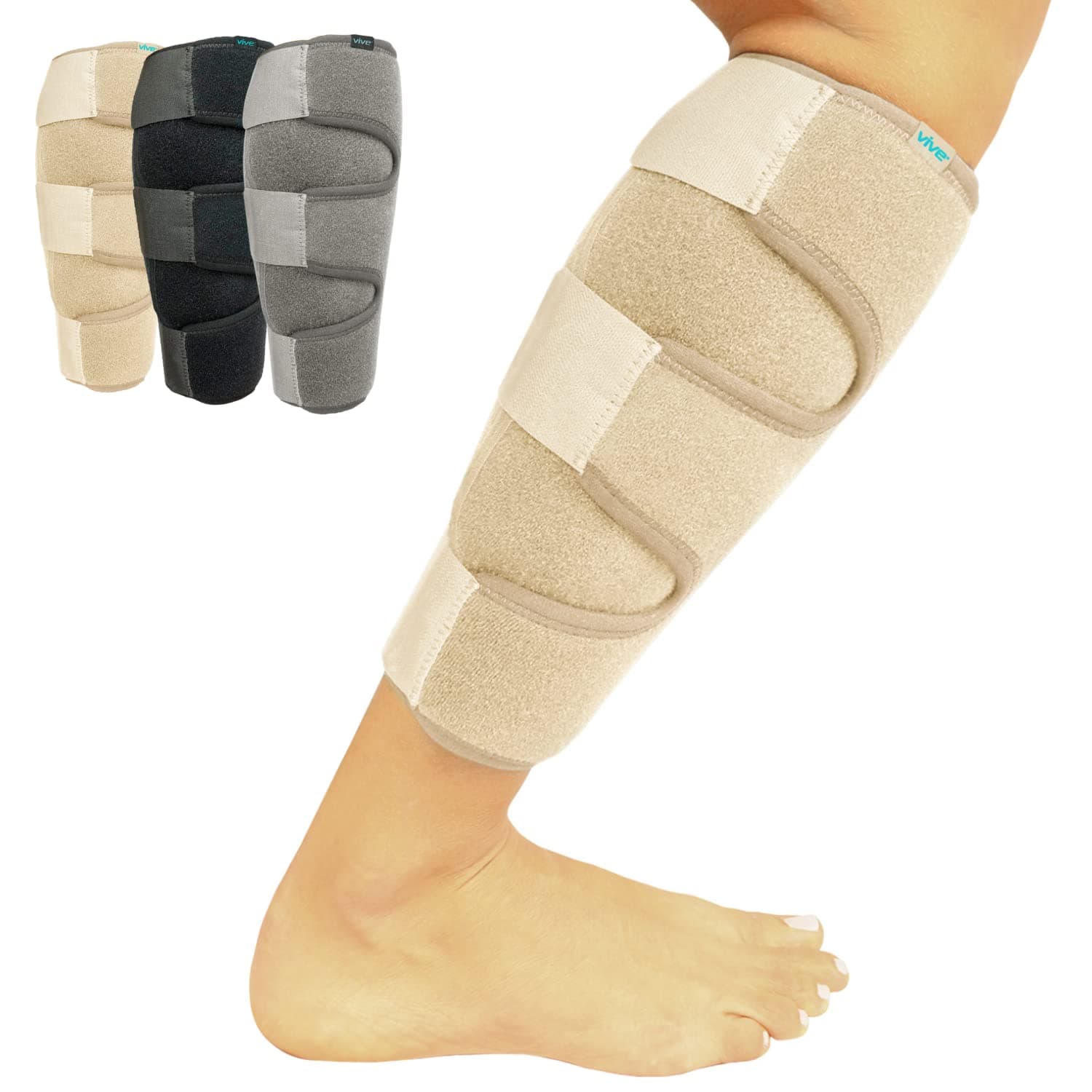 Vive Calf Brace Adjustable Shin Splint Support Lower Leg Compression Wrap Increases Circulation Reduces Muscle Swelling Calf Sleeve Pain Relief One Size Beige