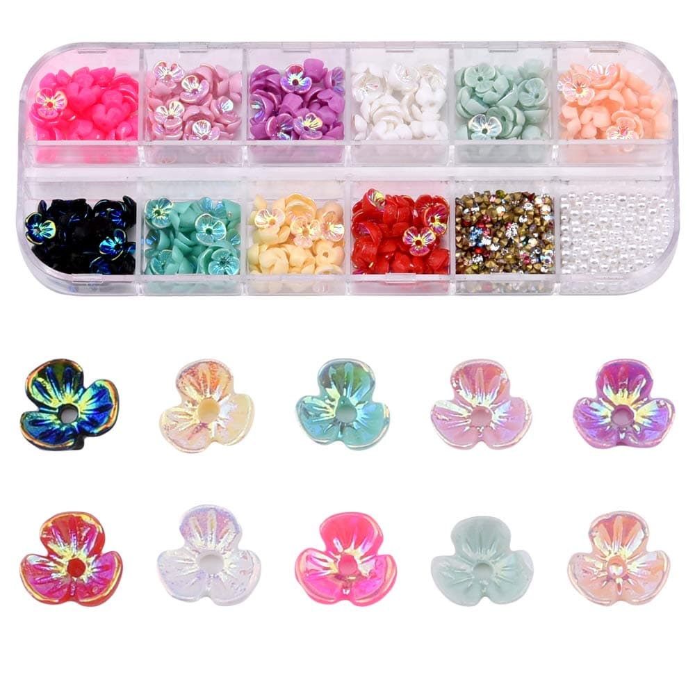250pcs Flat Back Reisn Flowers Design ss7 ss5 Assorted Pointed Back Rhinestones 2.5mm 2.0mm 1.0mm Pearls Mix for 3D Nail Art Decoration Set