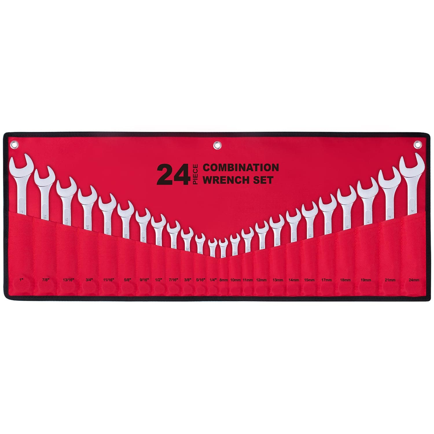 24-Piece All-Purpose Master Combination Wrench Set with Roll-up Pouch | SAE 1/4” to 1”, Metric 8mm to 24mm | Perfect for General Household, Garage, College Dormitory, Car Emergency, Boat and Much More