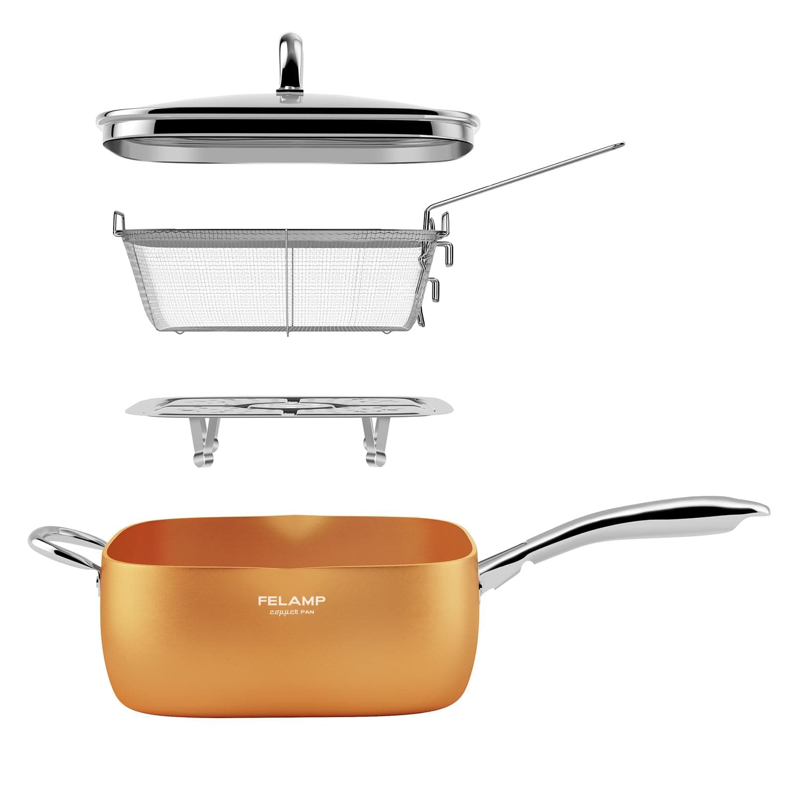 9.5-Inch Ceramic Nonstick Deep Square Frying Pan Set with Glass Lid, Stainless Steel Fry Basket & Steamer Rack, Induction Compatible, Oven &Dishwasher Safe, 4-Piece Copper Pan Chef Cookware Set