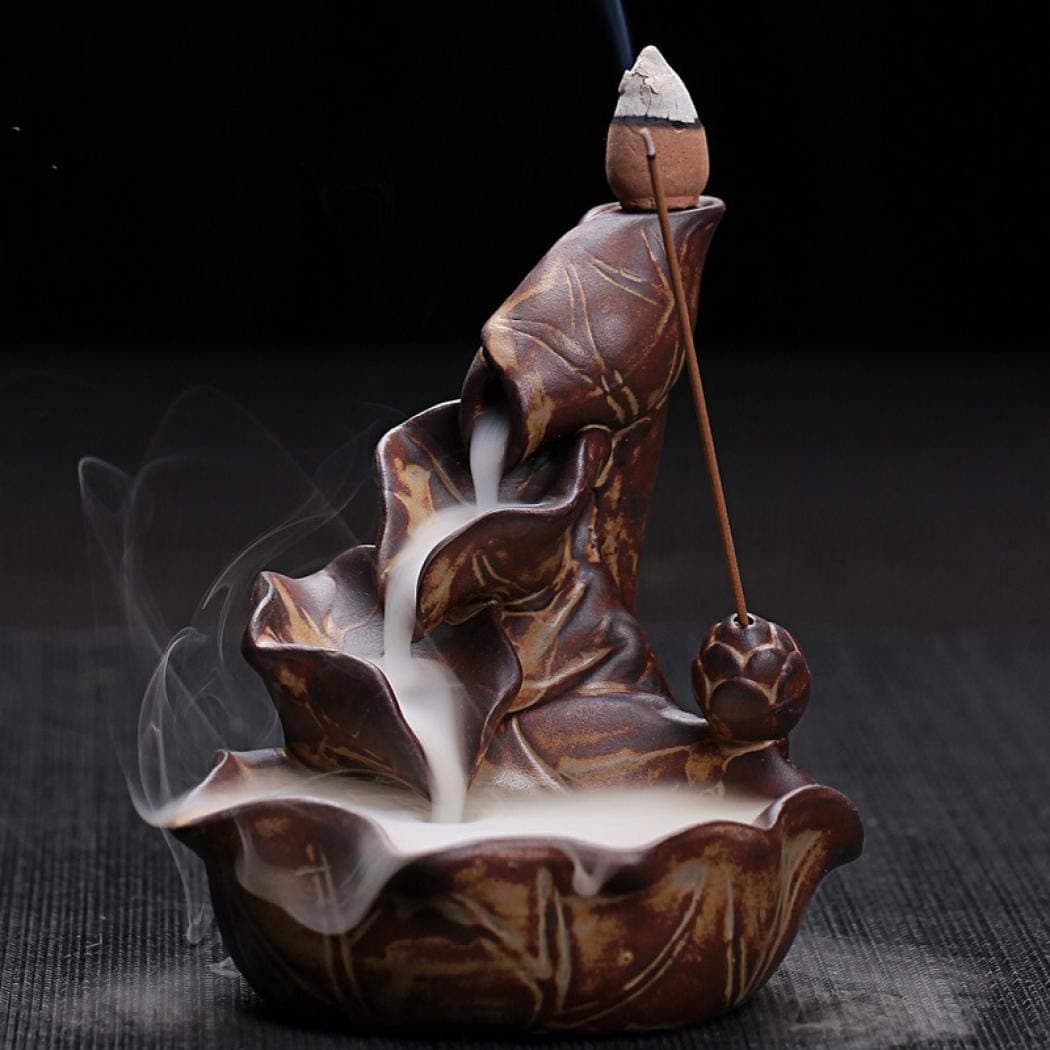 Incense Burner Multi Layer Ceramic Incense Cones Burner Incense Stick Holder Backflow Incense Burner Cone Incense Holder Home + 10 Free Cones (Brown)
