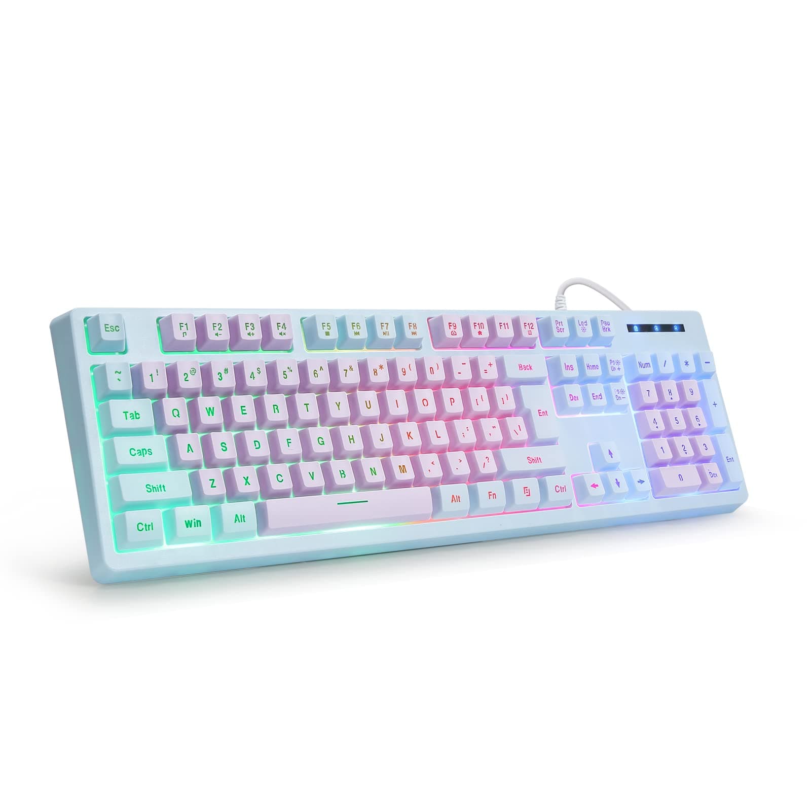 Gaming Keyboard USB Wired with Rainbow LED Backlit, Quiet Floating Keys, Mechanical Feeling, Spill Resistant, Ergonomic for Xbox, PS Series, Desktop, Computer, PC, Purple Blue