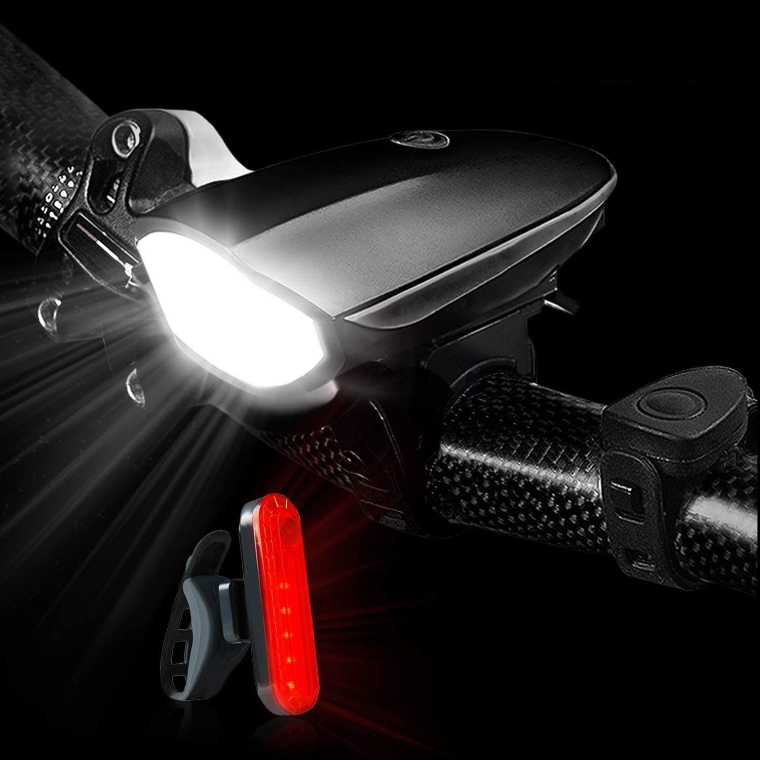 Bike Lights Front and Back, USB Bicycle Front Light with Loud Horn, with 3 Lighting Modes, High Strength Waterproof, Bike tail light,Best Cycling Gift