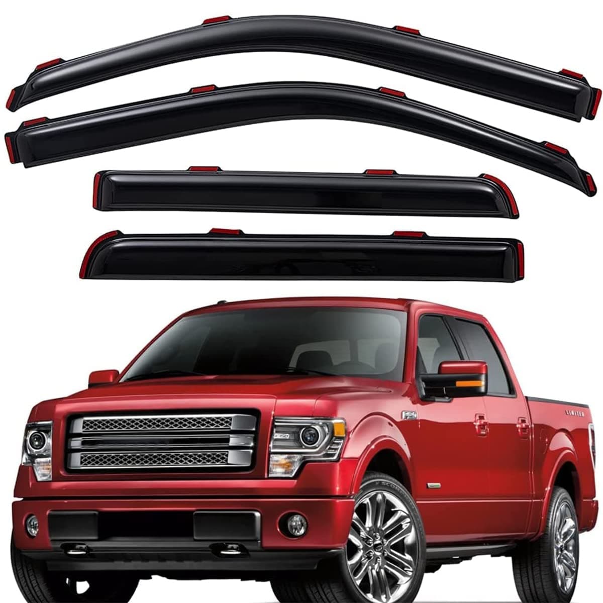 Lightronic Extra Durable Clip-on In-Channel Auto Vent Window Visors, Fits 2009-2014 Ford F-150, 2010-2014 F-150 SVT Raptor, SuperCrew, UV Protect Rain Guard, Original Wind Deflector, Dark Smoke, 4-Pcs