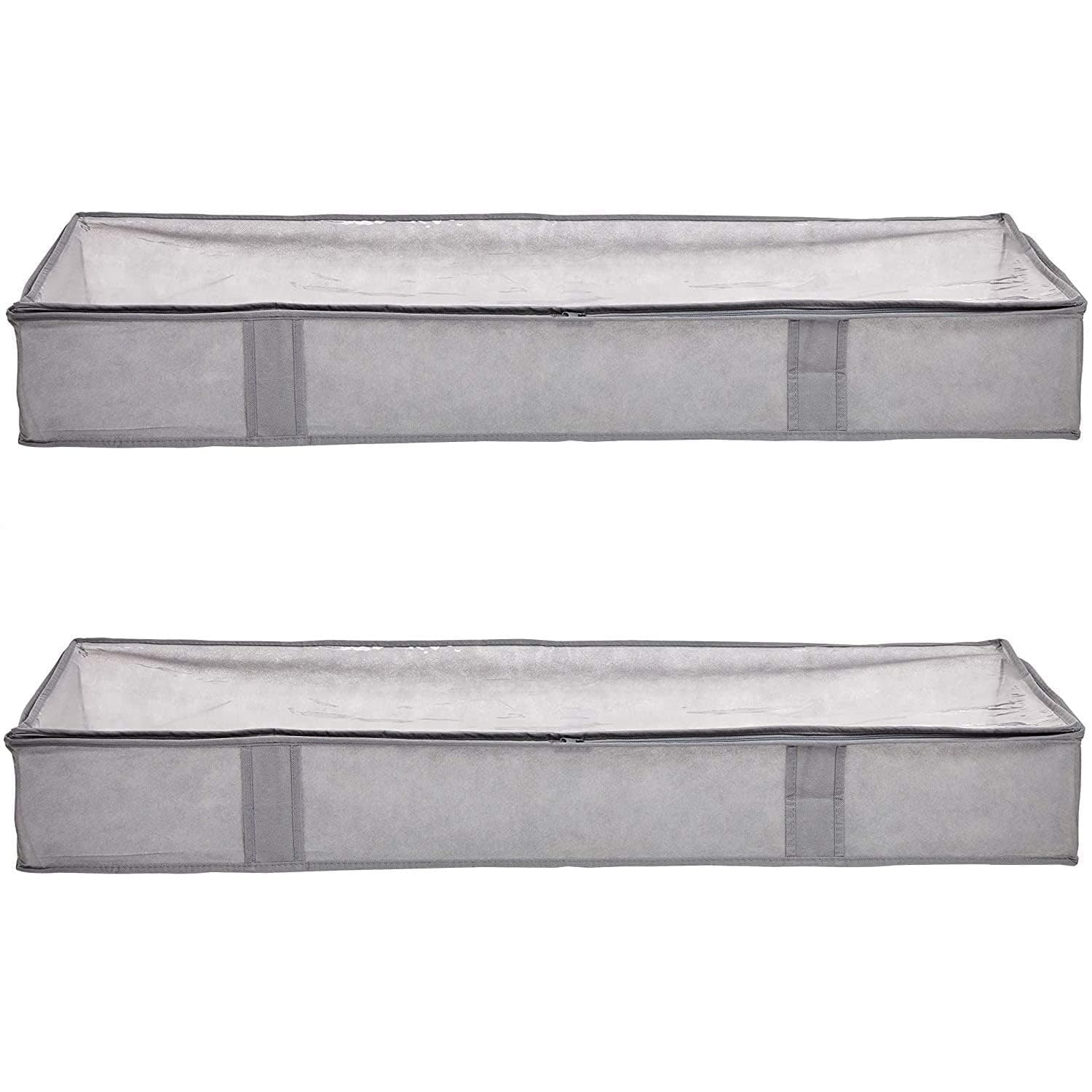 Amazon Basics Under Bed Fabric Zipper Blanket Storage Container Bags with Window and Handles, 2-Pack, 18 x 42 x 6 inches, Gray