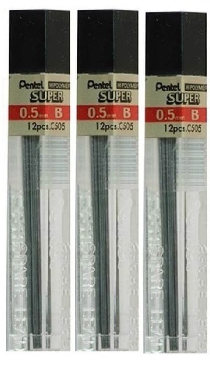 Pentel 0.5mm Size B Shade Hardness Pencil Refill Replacement Spare Leads Hi Pollymer Super for Automatic & Mechanical Pencils (Pack of 3 Tubes - 36 Pieces)