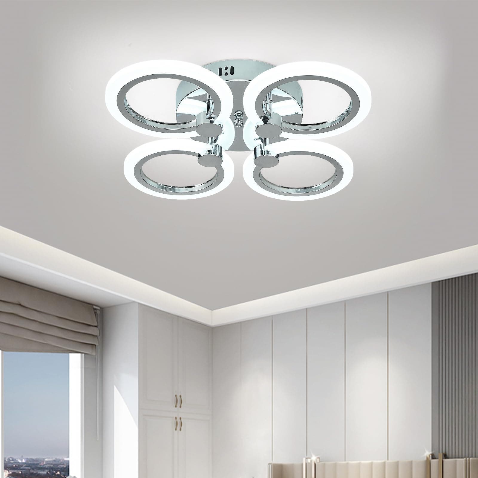 Modern LED Flush Mount Ceiling Light, 4 Rings, Chrome, 6500K for Bedroom, Dining, Living Room, Office