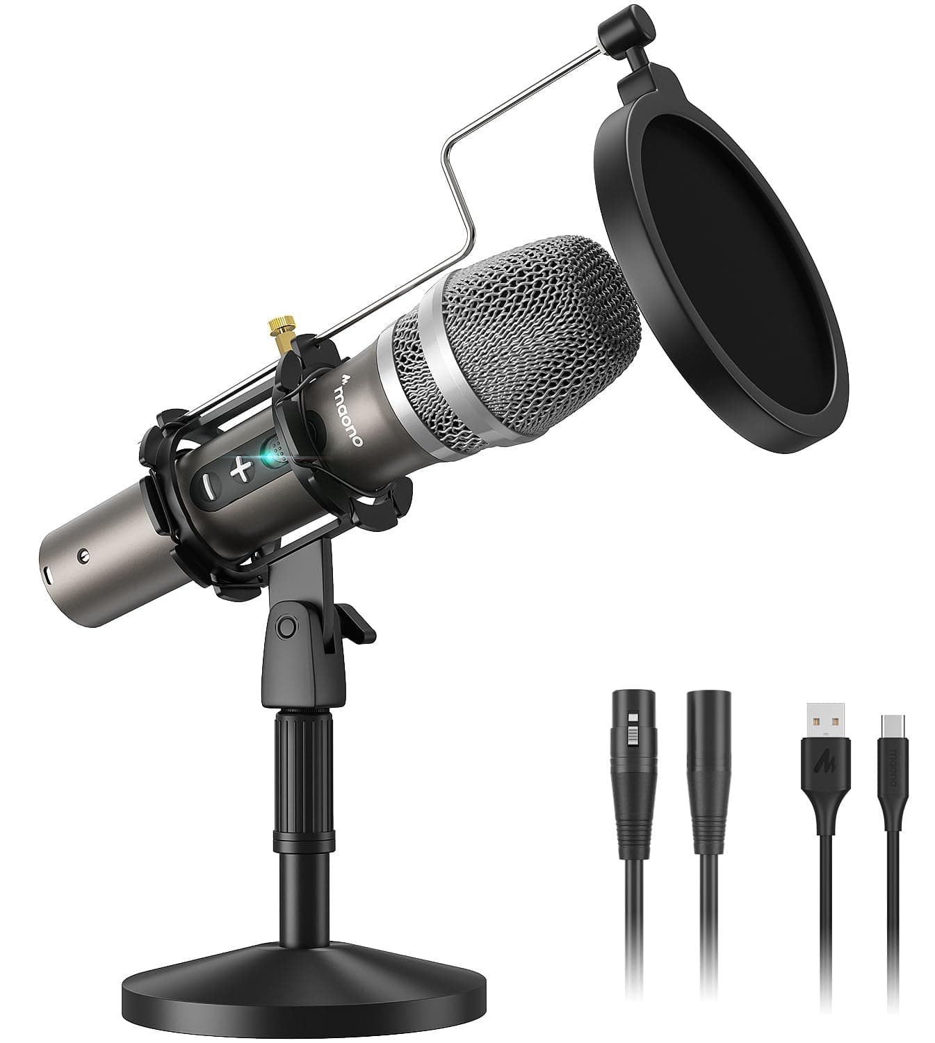 MAONOUSB/XLR Podcasting Dynamic Microphone, Studio Mic Kit with Volume Control, Shock Mount, Pop Filter, Ideal for Vocal, Recording, Voice Over, Live Streaming (Gray)