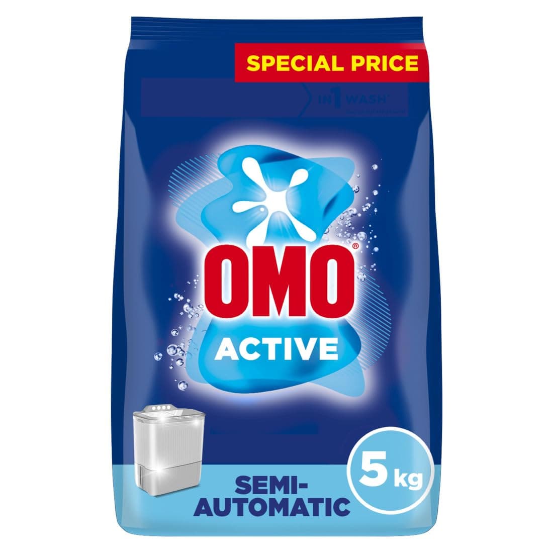 OMO Semi-Automatic Powder Laundry Detergent, Active, up to 100% stain removal in 1 wash*, 5 Kg , Packaging may vary