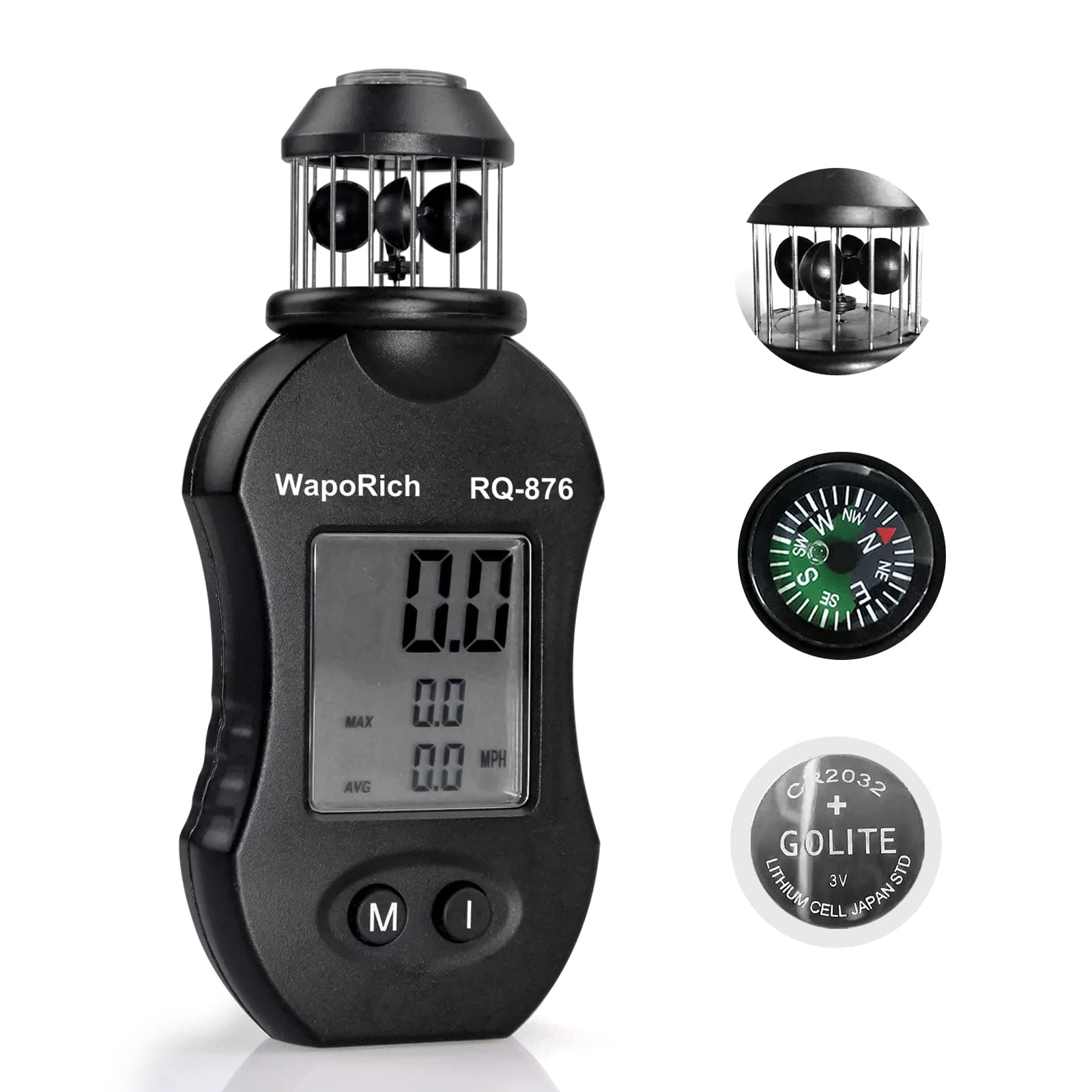 Digital Anemometer Handheld Wind Speed Meter with 360°Rotation Wind Senser with Big LCD Back-Light for Wind Speed/Wind Temperature/Max/Avg for HAVC, Drone Flight, Fishing, Shooting -RQ-876