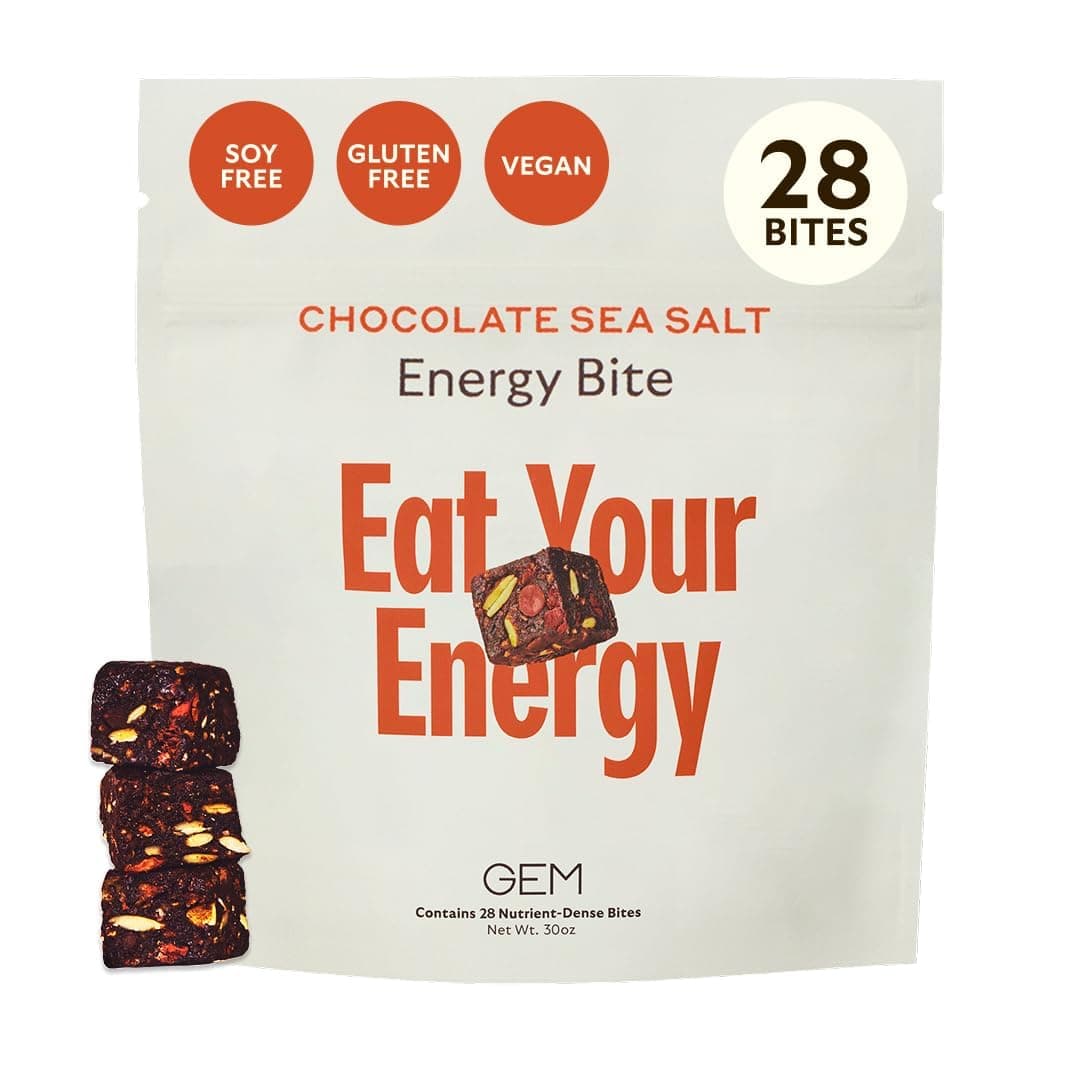 GEM Energy Caffeinated Chocolate Bite, 40mg Caffeine, Ginseng Root, L-Theanine, Holistic Sustained Energy, Supports Metabolism, Stamina & Endurance | Chocolate Cacao Sea Salt | 28 Servings