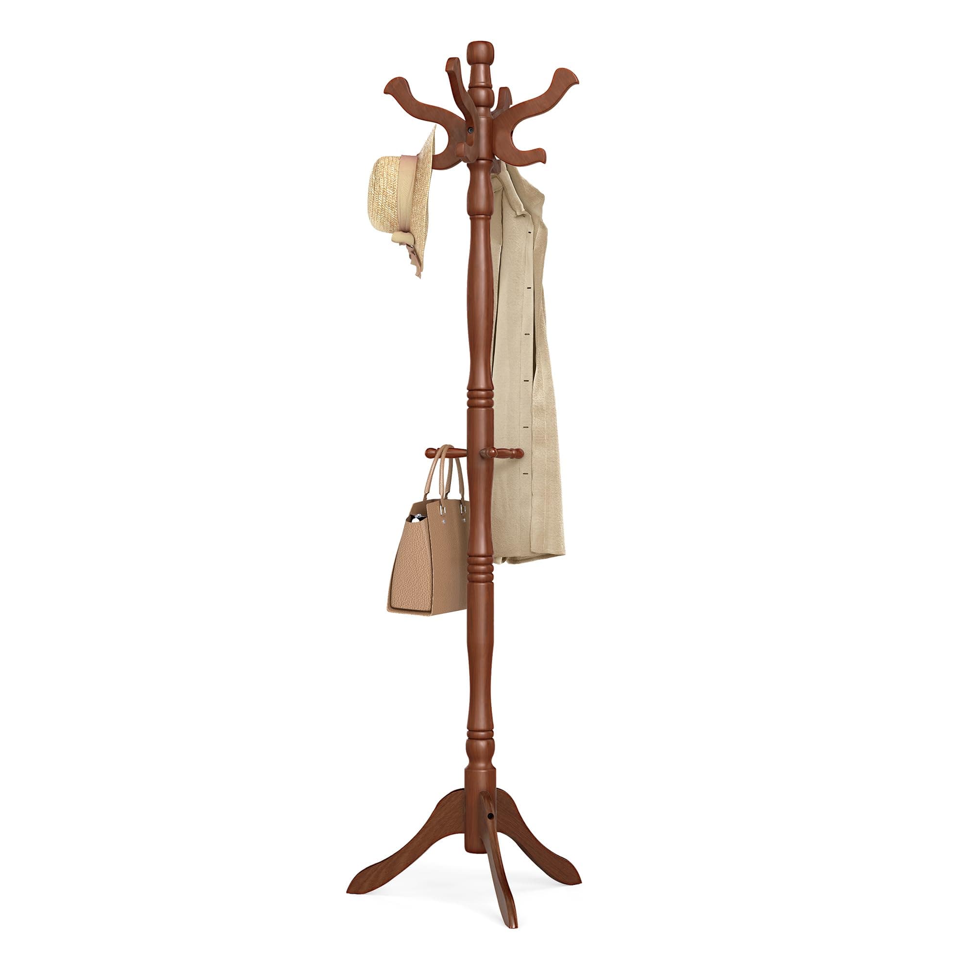 VASAGLE Coat Stand, Solid Wood Freestanding Coat Rack with 11 Hooks, Hall Tree for Bags, Purses, Hats, for Entryway, Hallway, Rubberwood, Caramel Brown URCR05WN