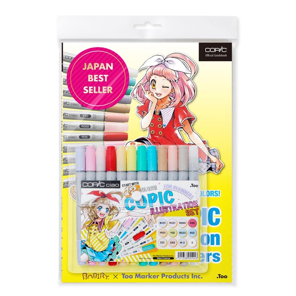 Ciao Illustration Book Bundle Set, Alcohol-Based Markers (12 pcs) with an Instruction Book