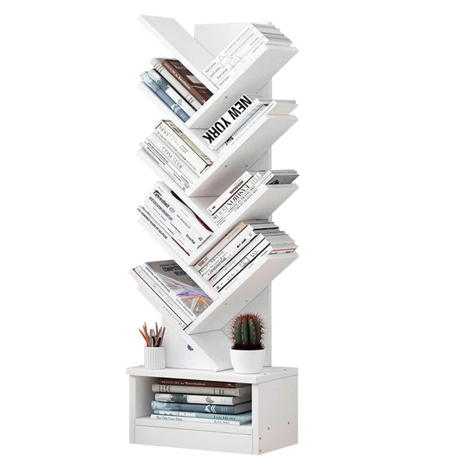 Tree Shaped Bookshelf for Narrow Space Open Shelf Bookcase with Storage Cabinet Floor Standing Office Book Display Stand for Books, CDs, Vinyl Records (White2)