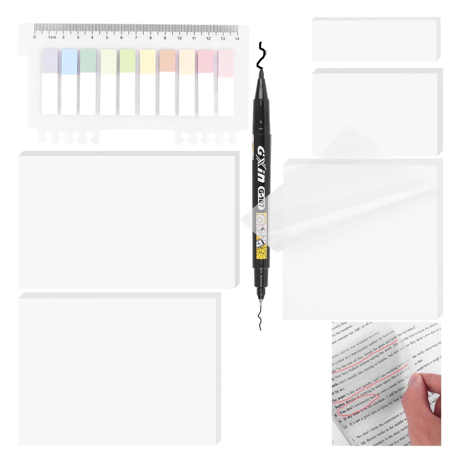Transparent Sticky Notes with Marker, 3x3 inch Clear Sticky Note Pads, 7 Pack Translucent Sticky Note See Through School Office Supplies for Book Notes Highlights, Clean Removal (7 Pack-Clear)
