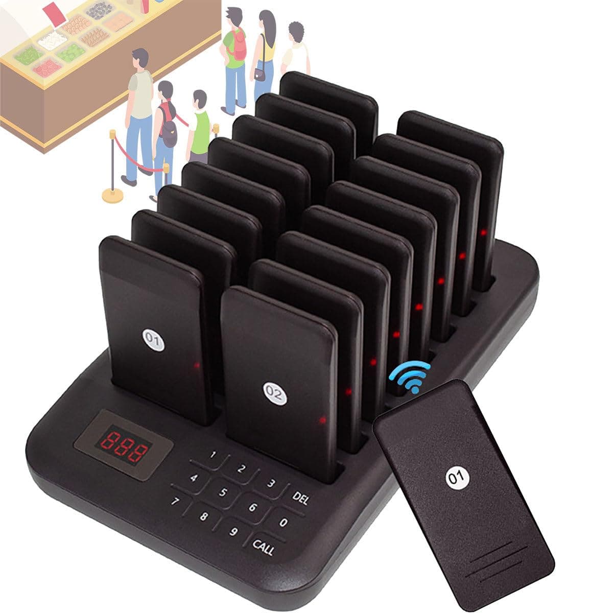 Wireless Calling System, Restaurant Pager Buzzer,999 Channels Calling Keypad + 16Pcs Coasters, 3 Call Modes(Vibration/Buzzer/Flash), For Coffee Food Court Church Nurse Clinic Queue System,Black