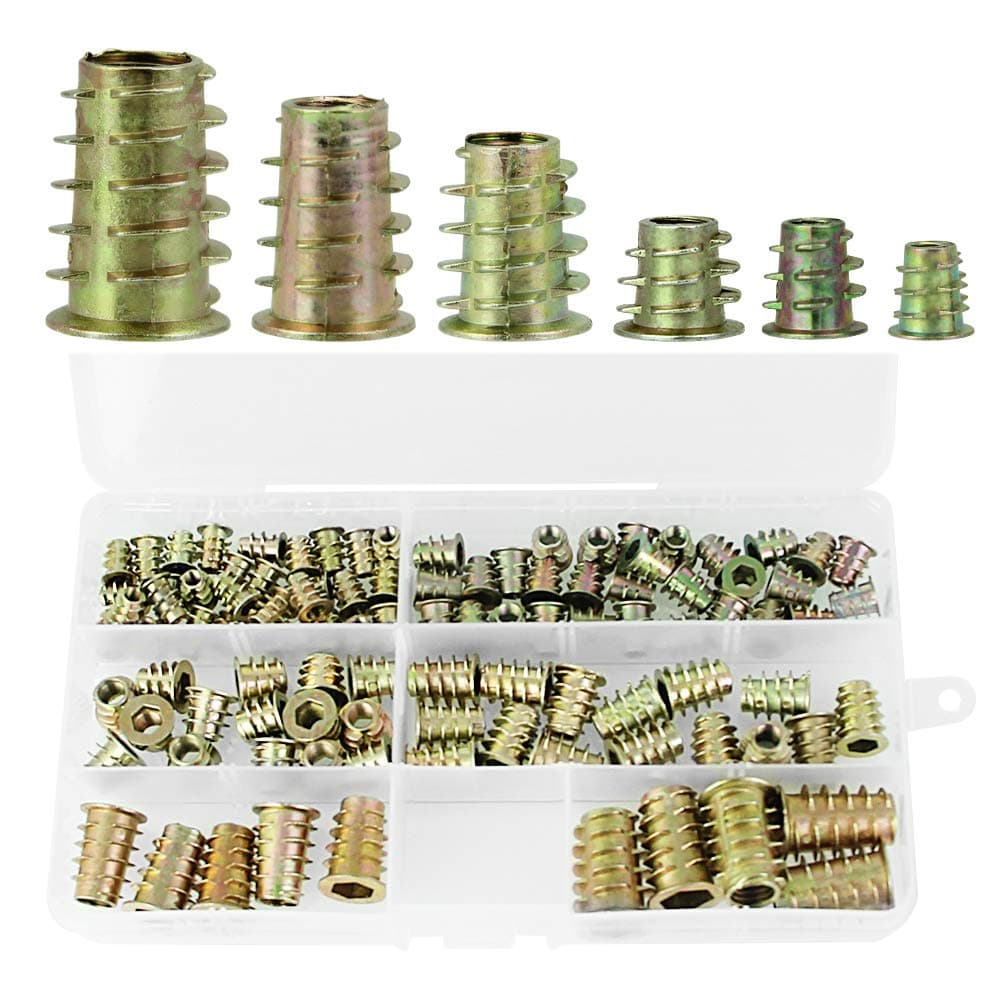 DECARETA Hex Socket Screw 100 Pieces Insert nutsM4/ M5/ M6/ M8/ M10 Zinc Alloy Furniture Inserts Threaded Assortment Tool Kit for Wood Furniture