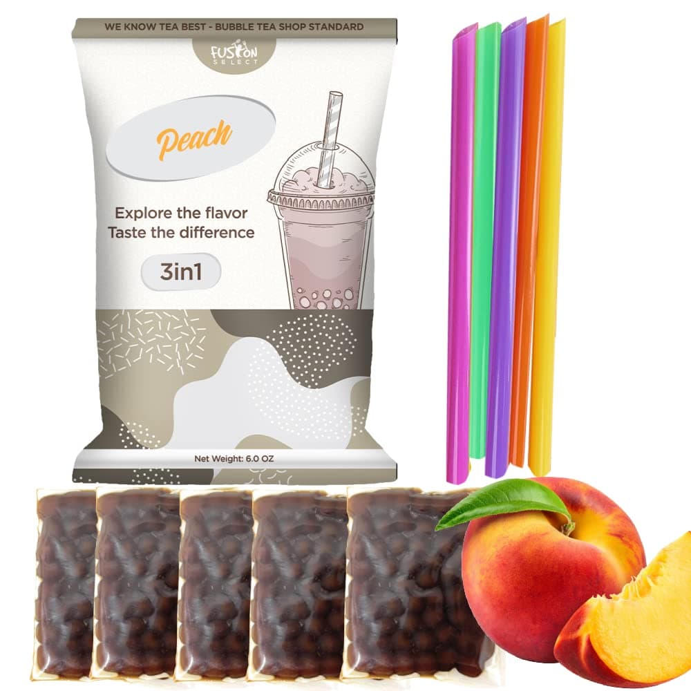 Fusion Select Authentic Peach Bubble Tea Kit Extra Rich Boba Tea Drinks, Boba Tapioca Pearl, Boba Straws, Complete Boba Kit