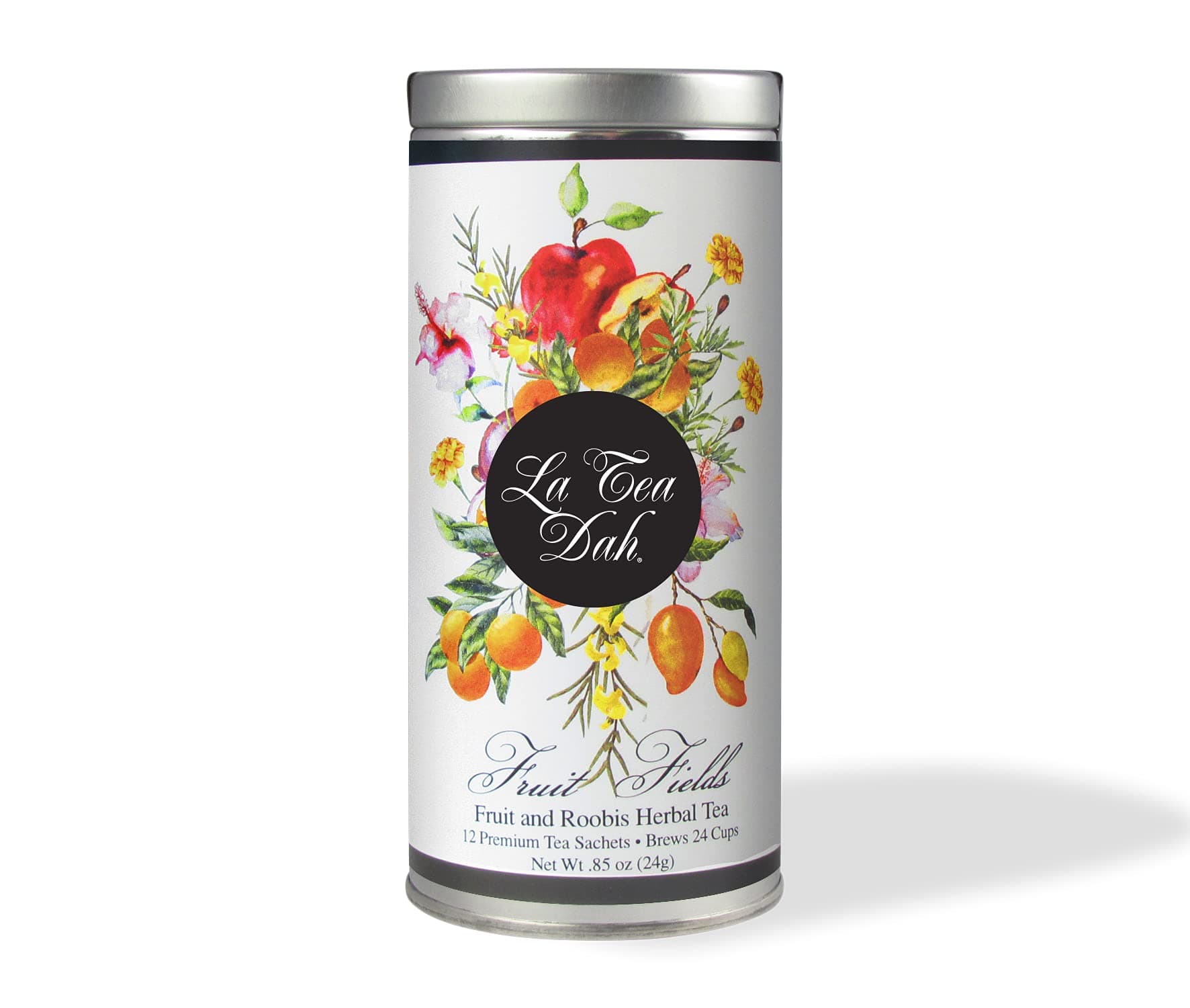 Fruit Fields Rooibos Herbal Tea by La Tea Dah, Caffeine Free Rooibos, Apple, Orange, Passion Fruit, Mango, Marigold, & Hibiscus Tea Bags, Floral Tea Gift Collection (12 Decaf Sachets)
