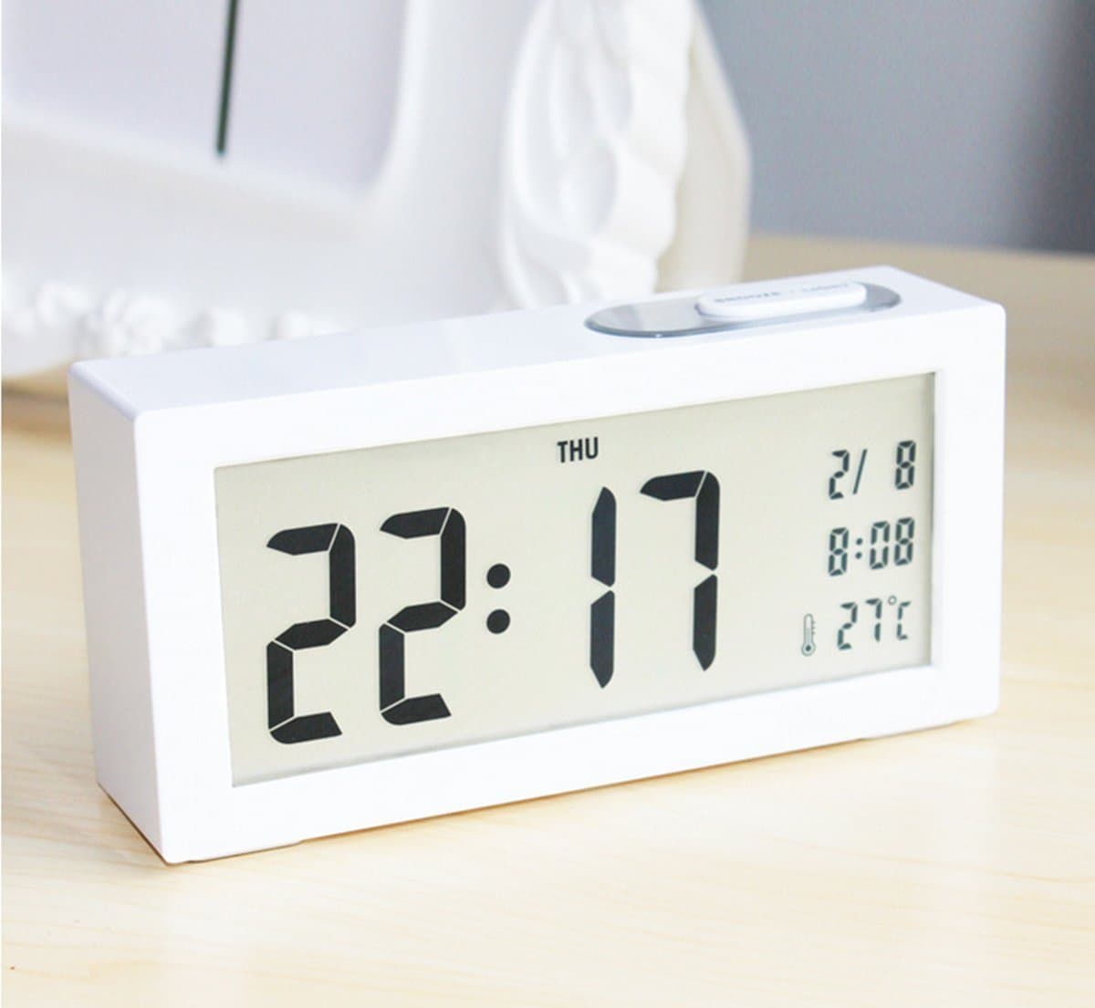 DRFUNDA Smart Digital Alarm Clock Light Sensor Large LCD Thermometer Calendar Bedside Desk Clock (White)