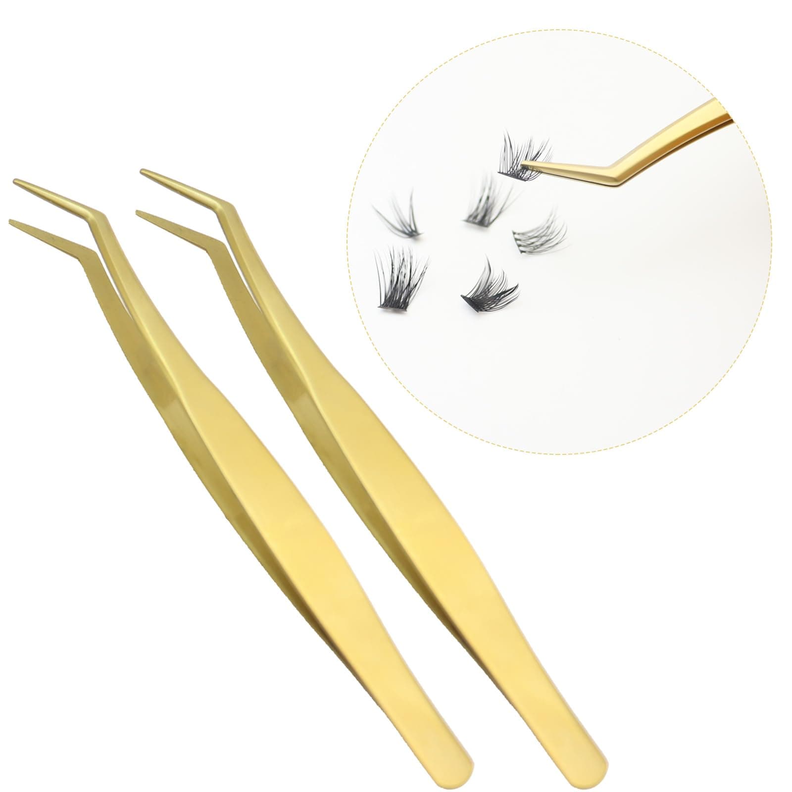 DAODERLash Tweezers, DIY Lash Extension Tweezers Set 2pcs Curved Eyelash Tweezers for Cluster Lashes Application and Removal Long Handy Stainless Steel Tweezers Easy to Use Gold(2pcs Set)