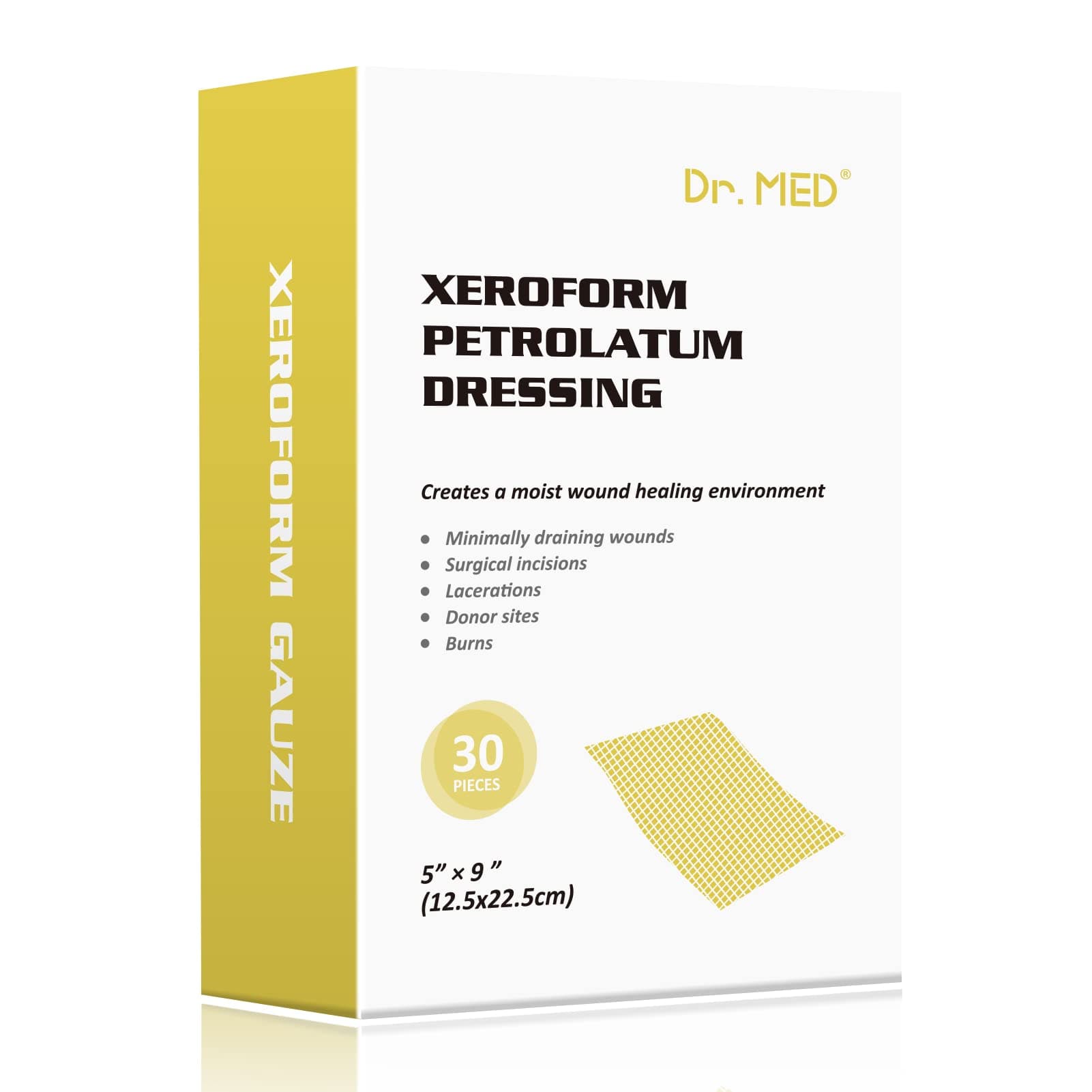 Dr.Med Xeroform Petrolatum Dressing Patch, 5"x9"-30 Pcs/Box, Non-Adherent Gauze Dressings, for Minor or Partial Thickness Burns, Lacerations, Skin Graft Recipient Sites, Newly Sutured Wounds