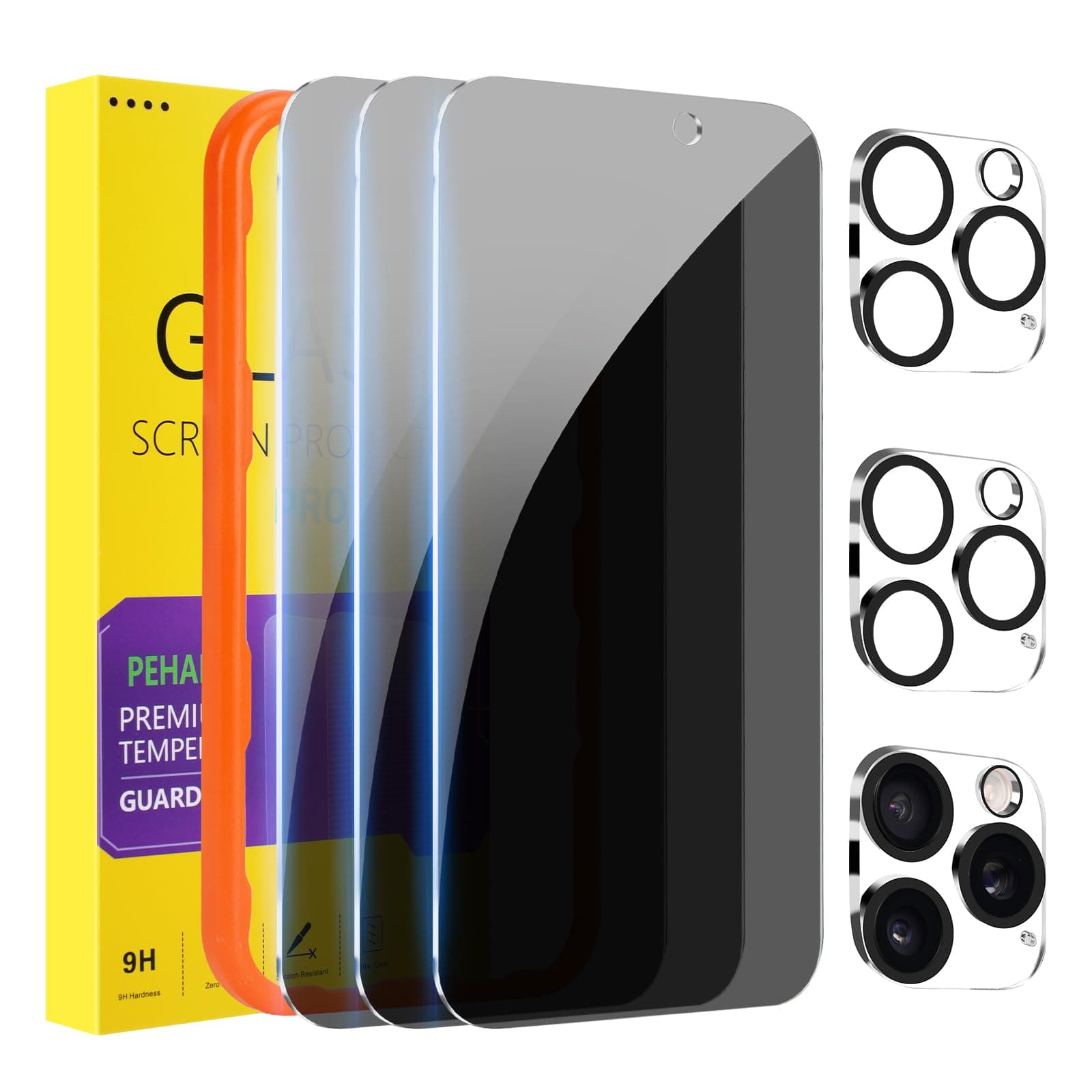 PEHAEL 3+3 Pack for iPhone 16 Pro Max Privacy Screen Protector with Camera Lens Protector Full Coverage Anti-Spy Tempered Glass Film 9H Hardness Easy Installation Bubble Free [6.9 inch]