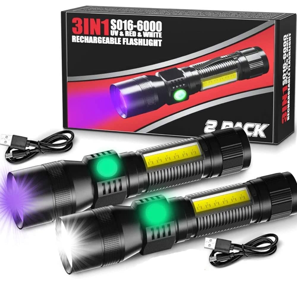 UV Flashlight Black Light Rechargeable, 3in1 2000 High Lumen LED Tactical Flashlight UV Black light/Redlight, Magnetic LED Flashlight with COB light,7 Mode, Zoomable,Waterproof for Camping, No Battery