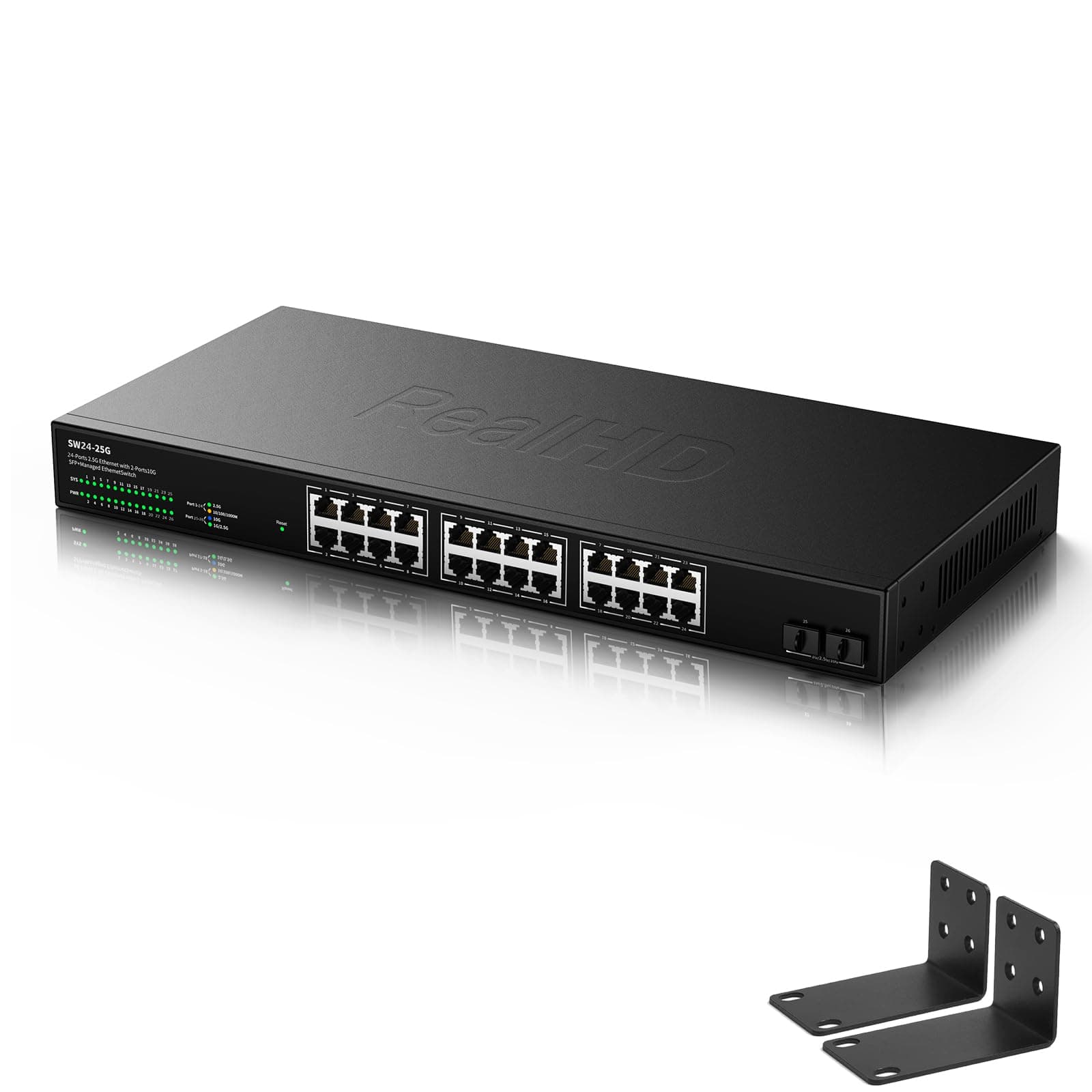 24 Port 2.5Gb Ethernet Network Switch 24 x 2.5 Gigabit Base-T Port | 2 x 10G SFP+ | Compatible with 10-100-1000Mbps | Fanless Metal Internet Switch | 19 Inch Rack Mount | 160G Bandwidth