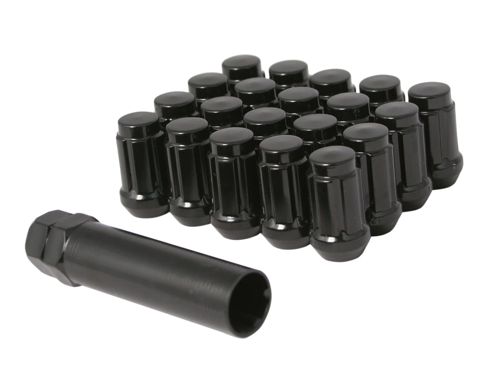 20pcs UberTechnic Black Spline Drive Lug Nuts - 12x1.5 Threads - 1.4 inch Length - Closed End - Cone Acorn Taper Seat - Includes 1 Socket Key Tool - For many Acura Chevy Honda Lexus Mazda Toyota Tuner