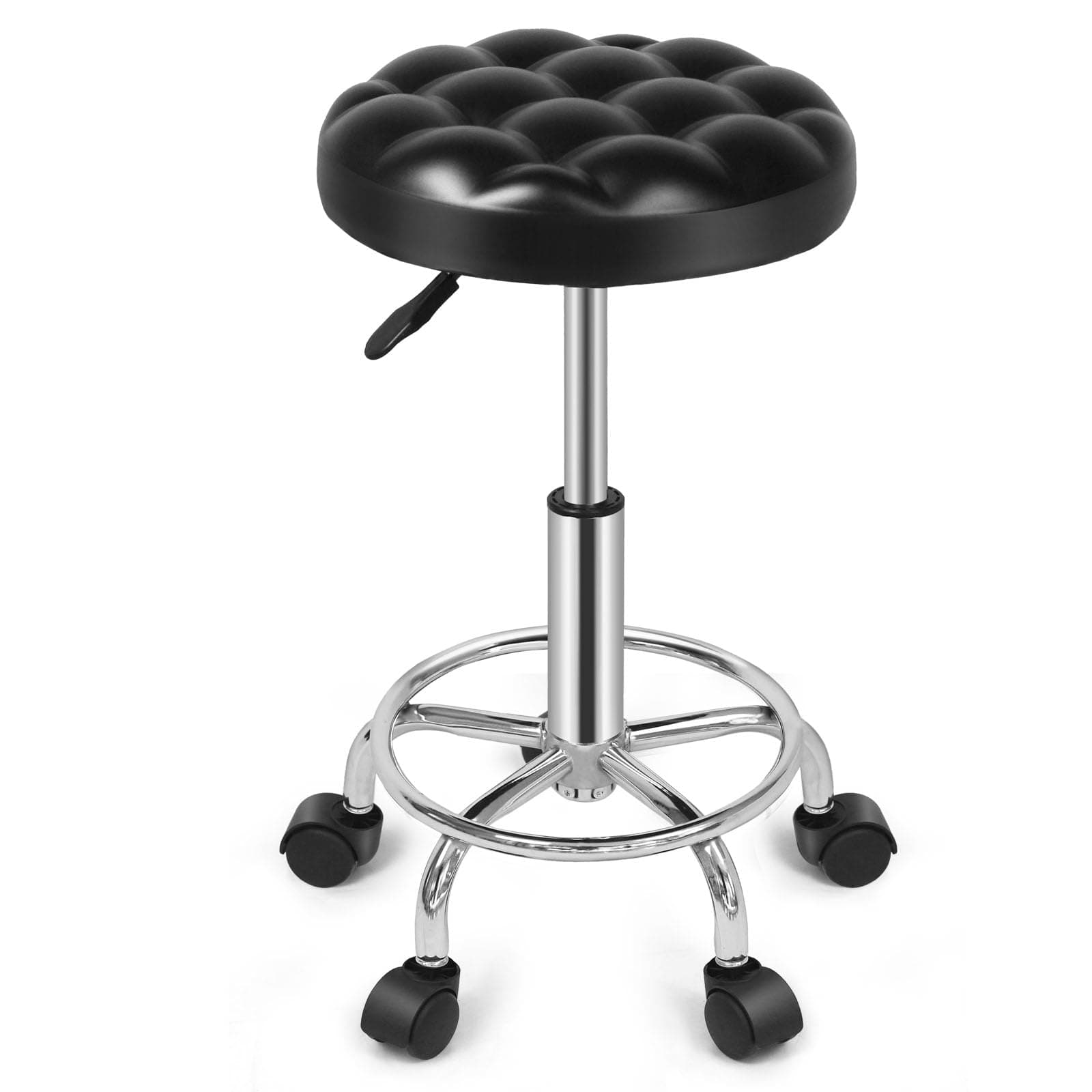 – SKY-TOUCH Round Rolling Stool: Vanity Chair with PU Leather Height Adjustable 360° Swivel Stool with Wheels for Office Home Drafting Work Studio Shop SPA Salon