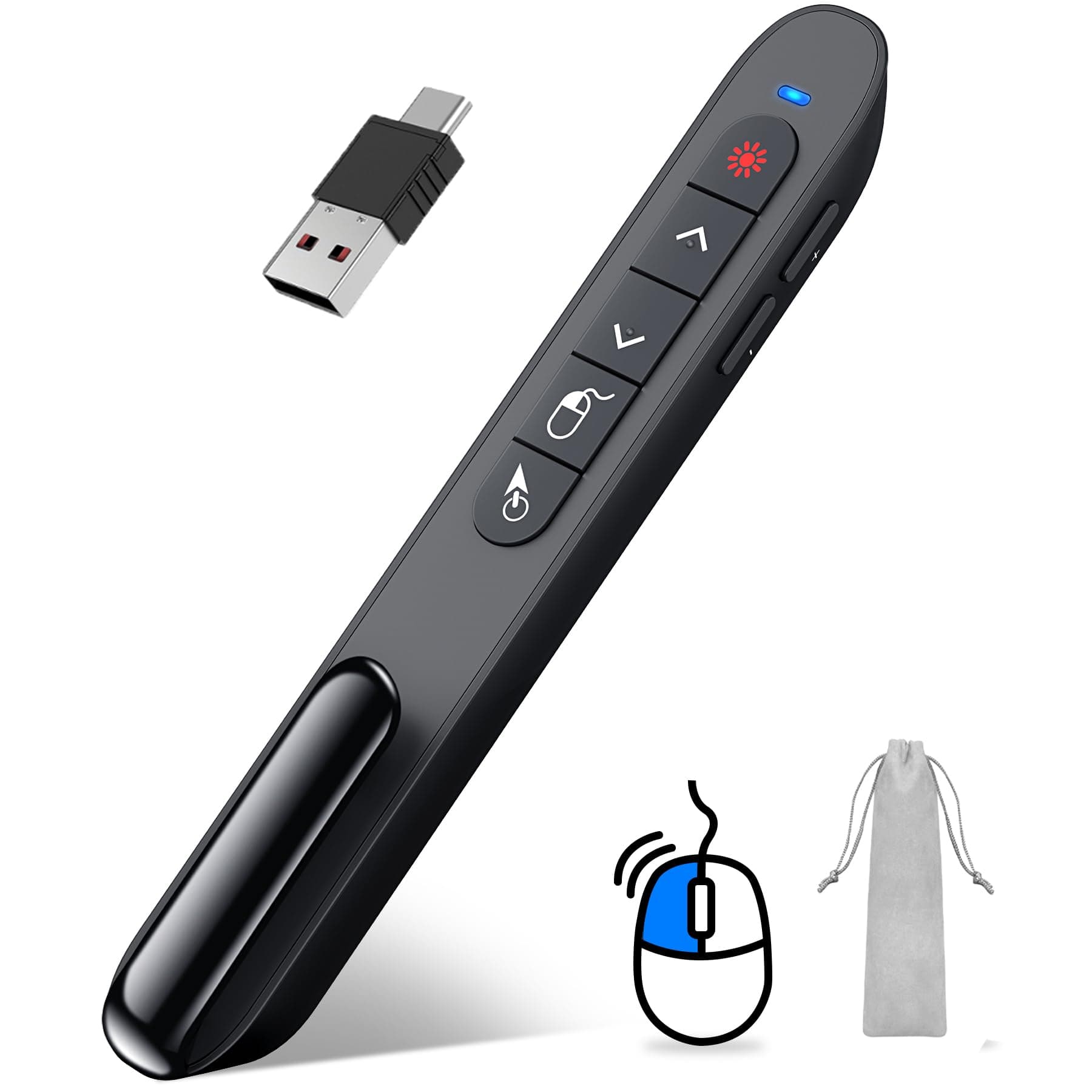 DINOSTRIKE USB-A and USB-C Presentation Clicker with Air Mouse Control, Rechargeable Wireless Presenter Remote PPT Pointer RF 2.4GZ PowerPoint Clicker Slide Advancer for Mac Computer Laptop