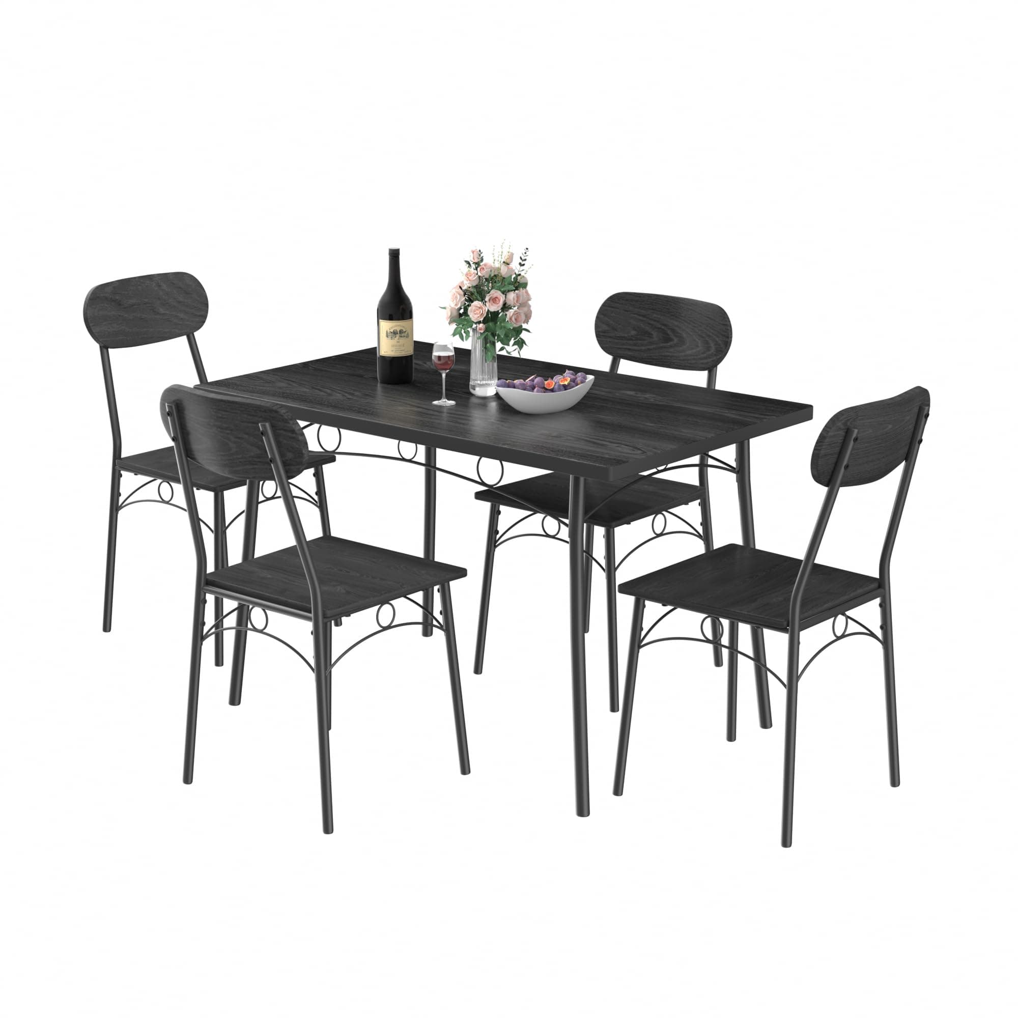 VECELO Set 5 Piece Dinette with Chairs for Kitchen, Breakfast Nook and Small Space, Black, Dining Table for 4