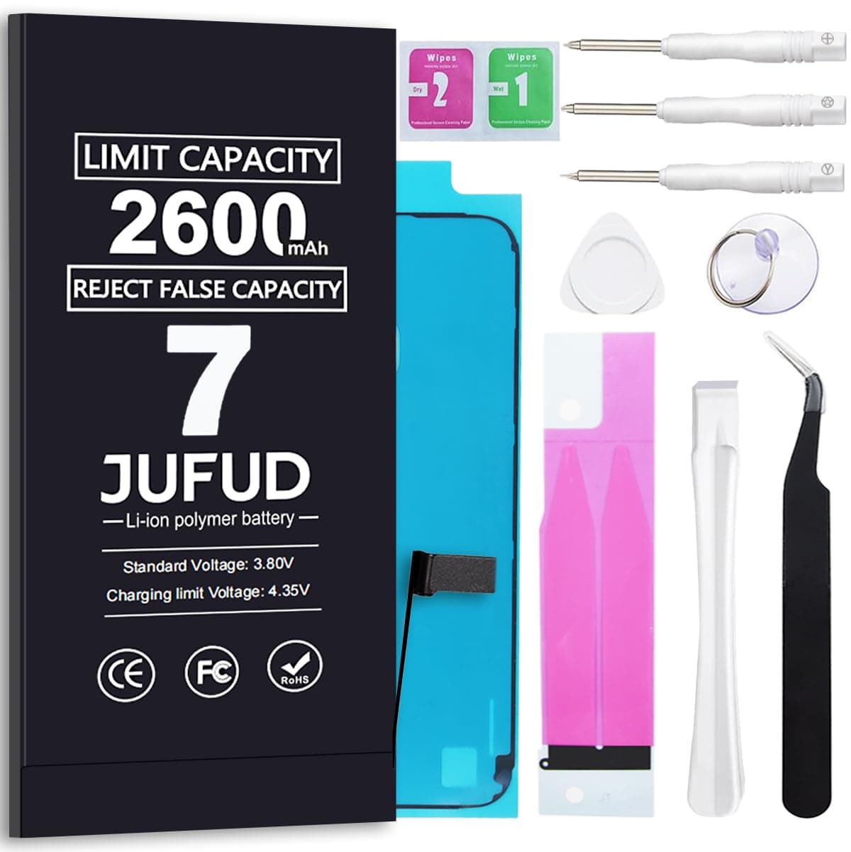 [Reject False Capacity] 2600mAh Replacement Battery Used for iPhone 7/7G， [New Version] 0-Cycle Lithium Polymer Batteries，(Models:A1660, A1778, A1779) Complete Repair Tool Kit and Instructions.