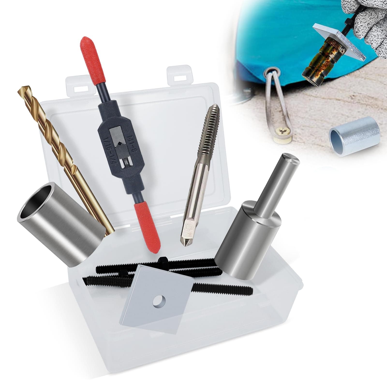 10-Piece Pool Anchor Removal Tool Kit with Storage Box, Rethreading Removing Reinstalling Brass Pool Cover Tool Anchors Kit, One-Stop Brass Anchor Removal Kit